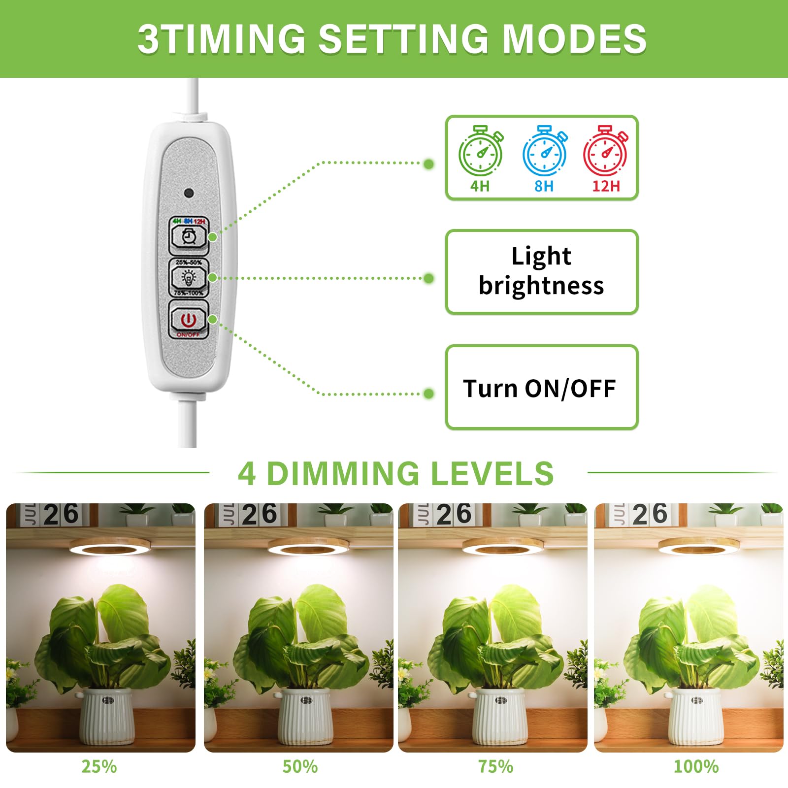 Lordem 6.3&quot; Bamboo Ceiling Grow Light For Indoor Plants, 144 Leds Full Spectrum Grow Lamp, Under Cabinet Plant Light With 4/8/12H Auto Timer, 3 Switch Modes, 4 Dimmable Brightness Levels, Dual Head