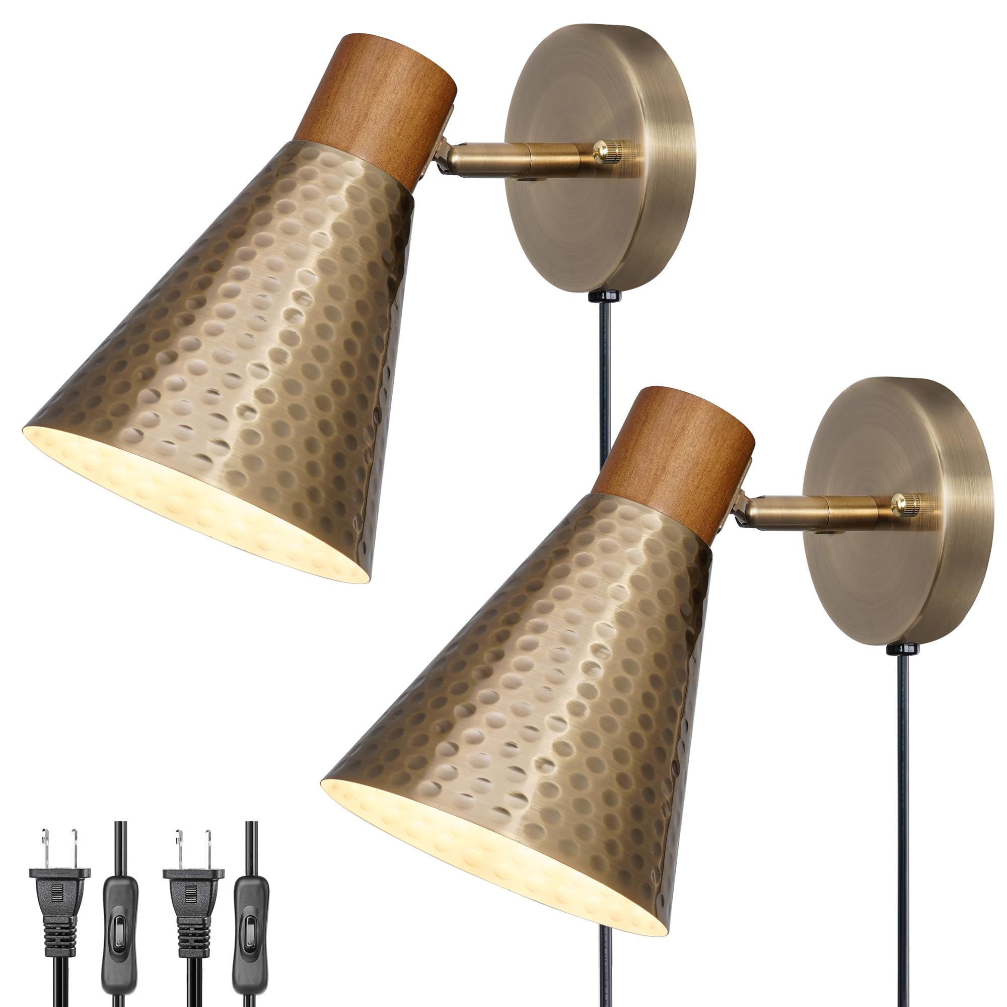 Dsmjfu Gold Plug In Wall Sconces Set Of 2, Modern Wall Lamp With Plug In Cord, Wooden Plug In Wall Light With Hammered Metal Shade,Wall Mounted Lamp For Bedroom, Living Room, Hallway, Bathroom