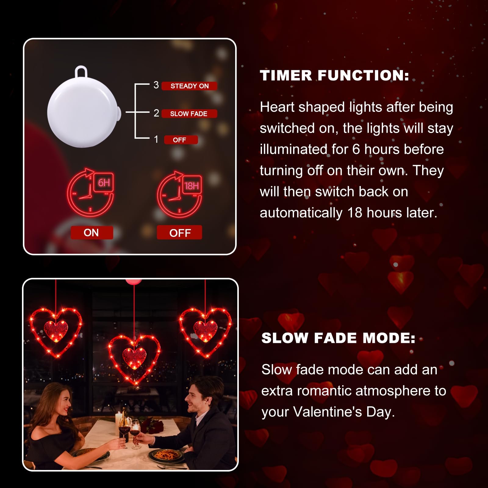 LYUBASA Valentines Day Window Lights - 3 Pack Red Heart Shaped LED Lamps with Timer, Battery Powered, Model V113 for Indoor Home Decor