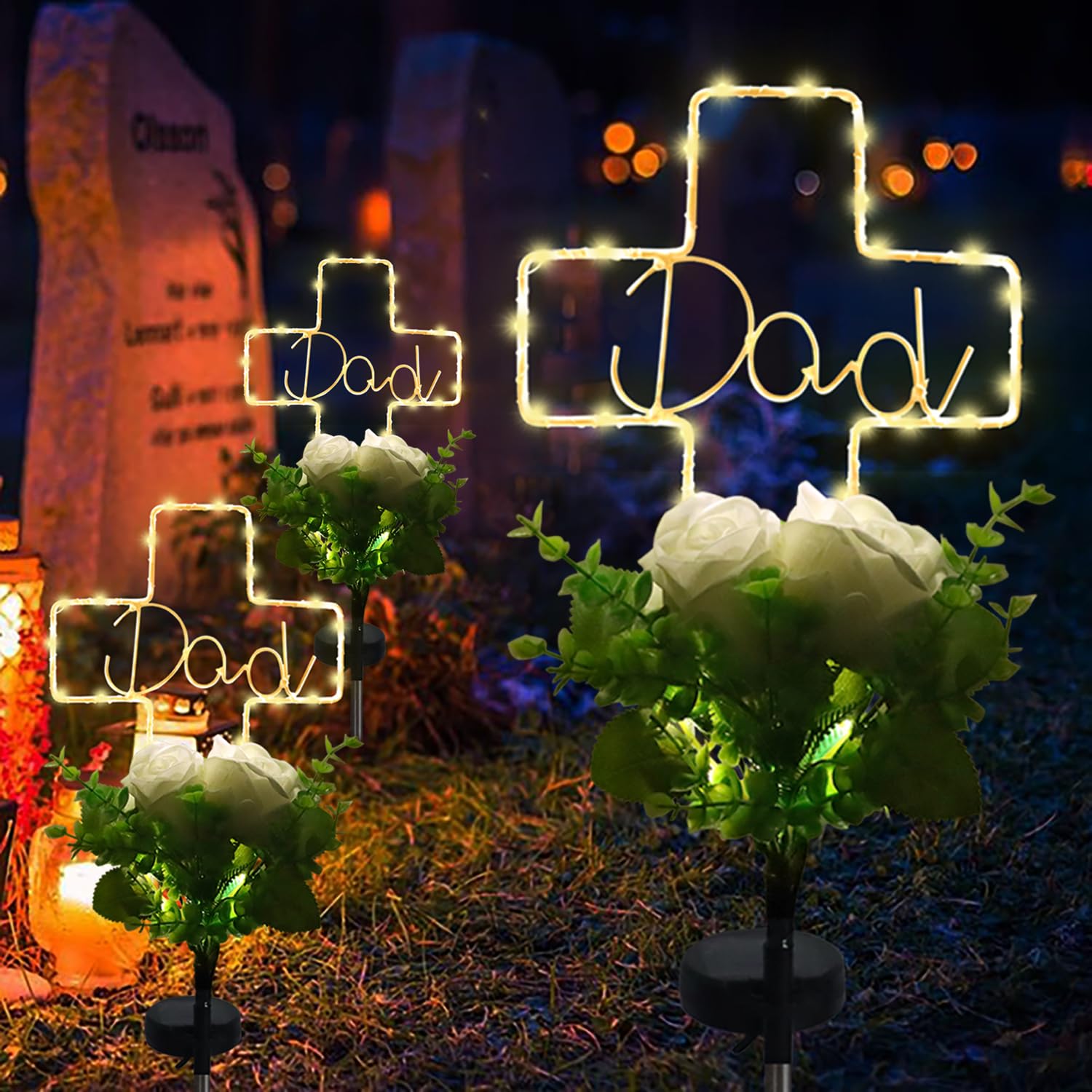 Lmtocs New Version Solar Cross Light For Cemetery Dad, 2 Modes With Rose Flower For Dad Grave Decorations, Waterproof Outdoor Li