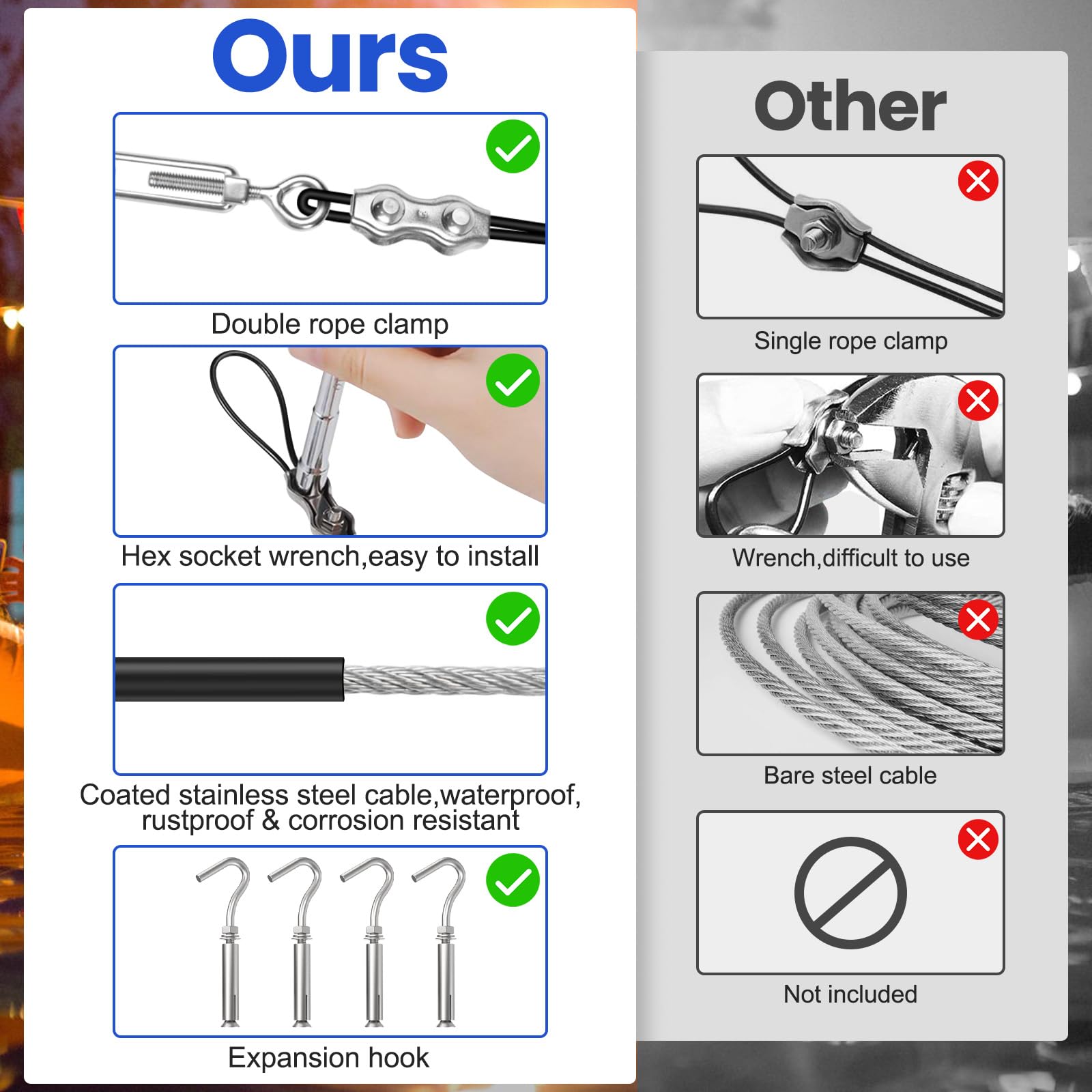 Blika String Light Hanging Kits, 165Ft Coated Stainless Steel 304 Wire Rope, Outdoor Light Guide Wire, Globe String Light Suspen