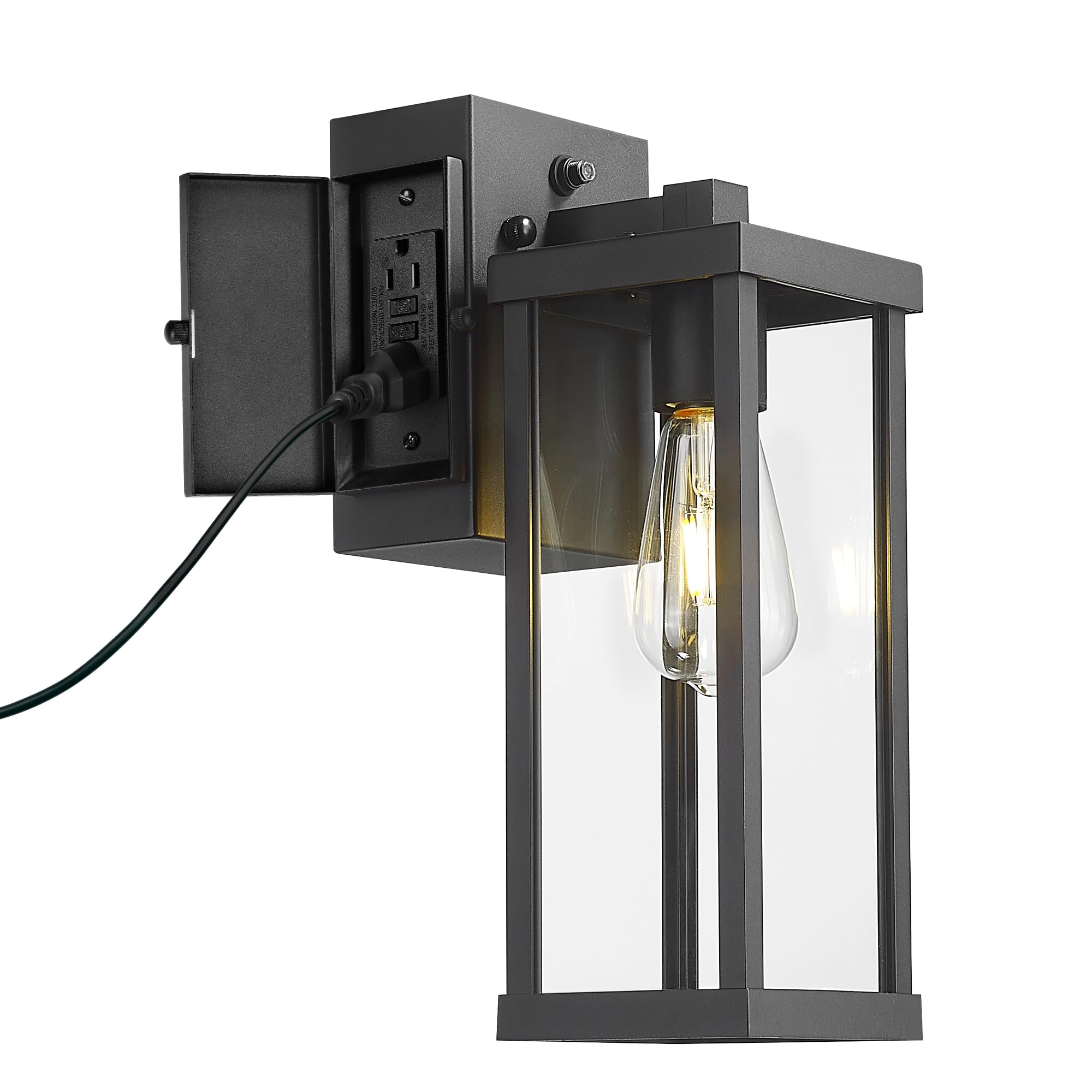 Ken & Ricky Outdoor Wall Light Fixture Exterior Lighting Fixtures Modern Sconce Lights for Porch Patio Garage Front Door with Gfci Outlet (Black)