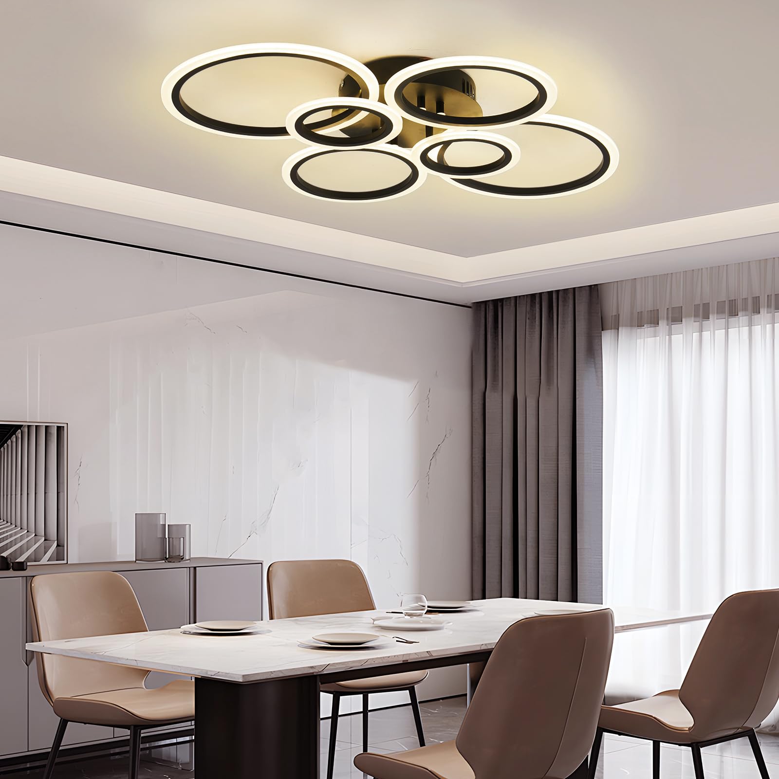 Cyaruy Modern Light Fixtures Ceiling, Dimmable Led Semi-Flush Mount Ceiling Lighting, 6-Rings Black Chandelier Ceiling Lamp With