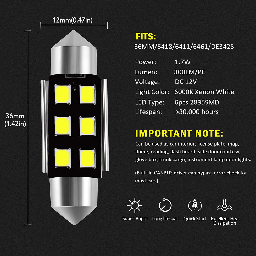 AUXLIGHT Festoon LED Interior Light Bulbs 6000K Xenon White 36MM Pack of 6