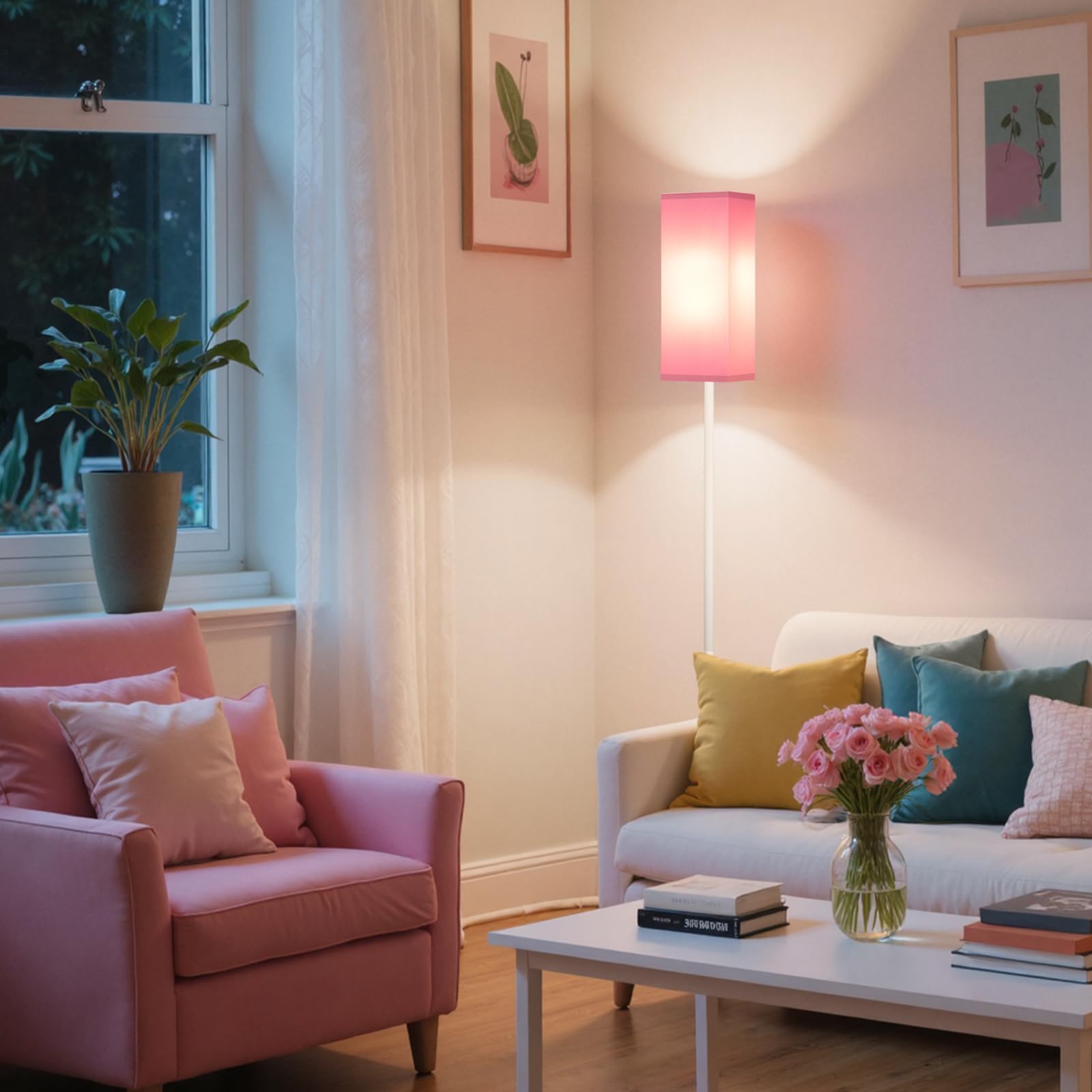 GOEBLESON 64.6" Modern Floor Lamp, Pink & White Linen Shade, Pole Lamp with Foot Switch, Model WP07LD05, ETL Listed for Living Room & Bedroom