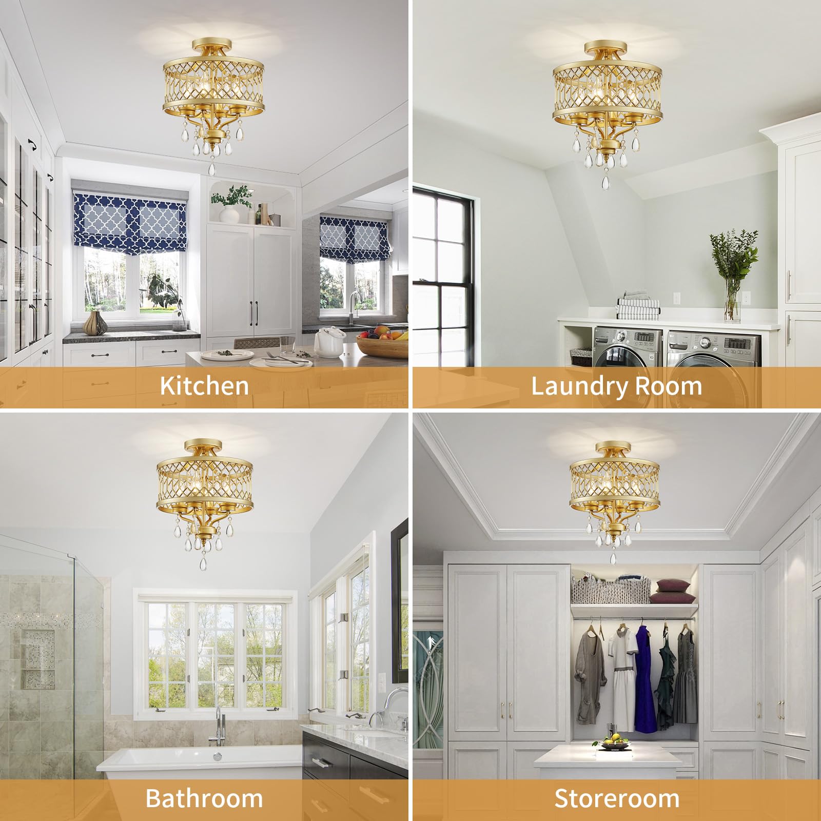 Crystal Ceiling Light Fixture  Farmhouse Semi Flush Mount Ceiling Light  Gold Crystal Chandeliers For Dining Room Light Fixture  Hallway Lighting Fixtures For Kitchen Bedroom Bathroom Foyer Entryway
