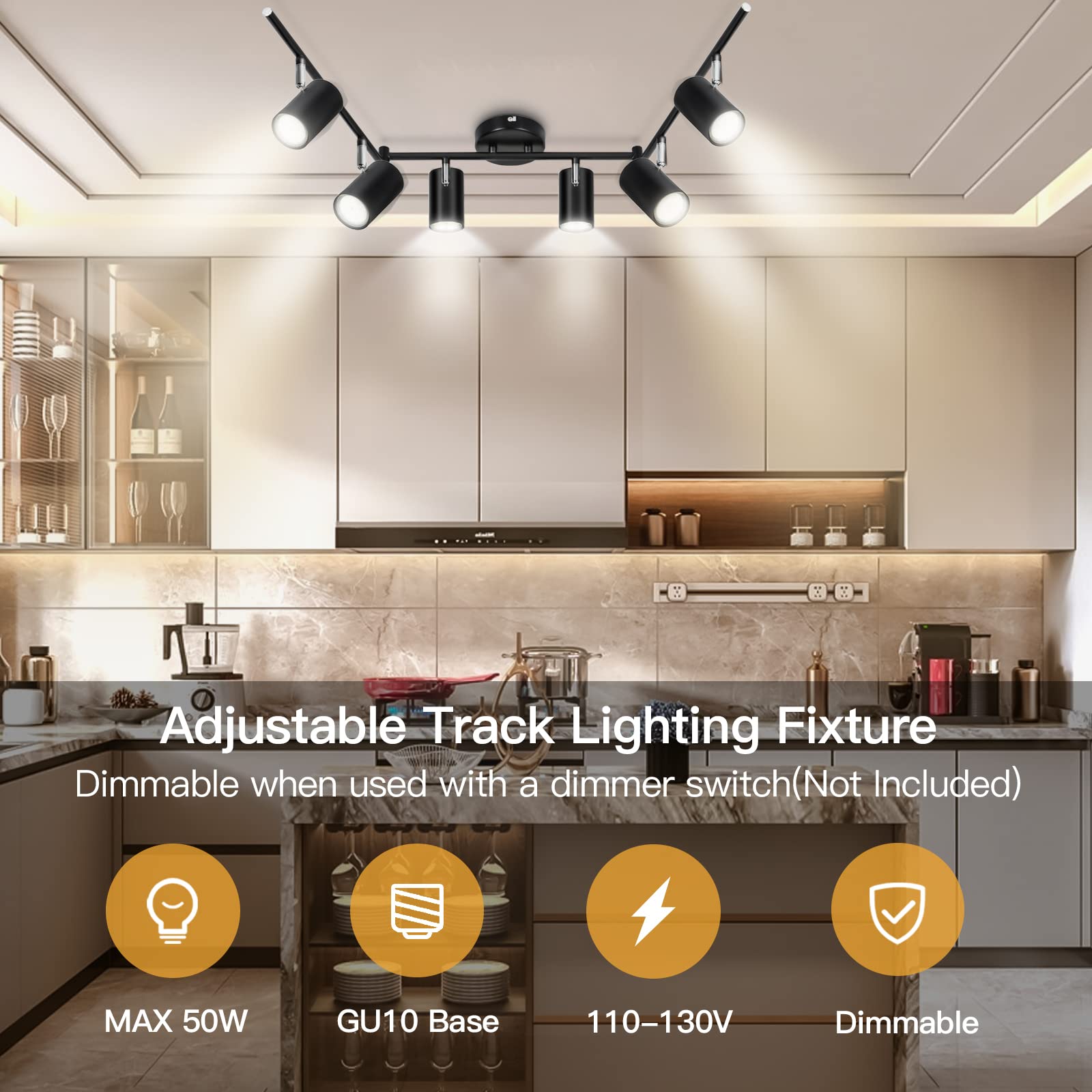 GORDNWE 6 Light Track Lighting Fixtures, Matte Black Metal, 46 Inch, Modern Ceiling Spotlight for Kitchen, Office, Bedroom, G371