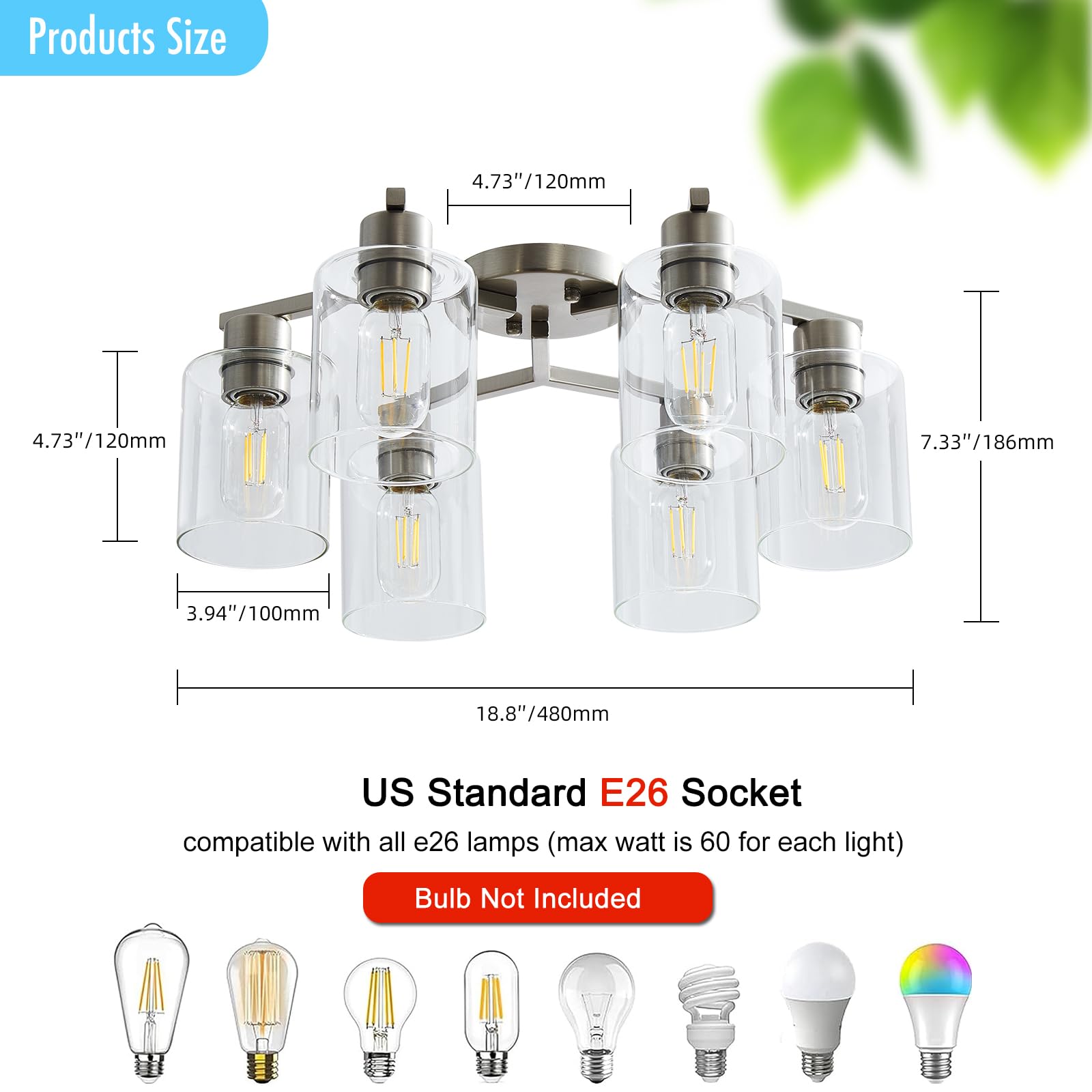 6 Light Semi Flush Mount Ceiling Light Modern Brushed Nickel Ceiling Light Fixtures Kitchen Lighting Fixtures Cieling With Clear