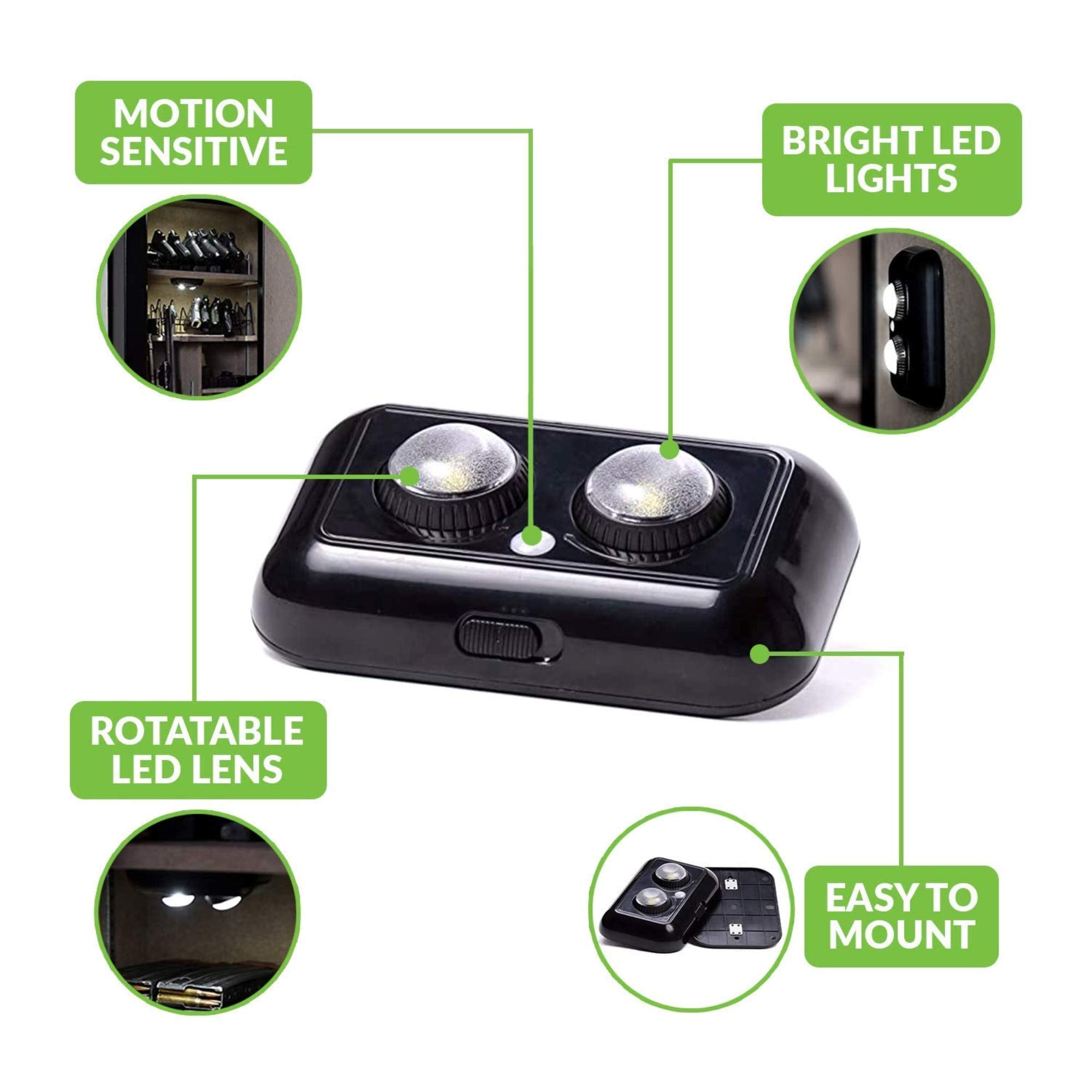 ILLUMISAFE LIGHTS 2-Pack Magnetic PIR Motion Sensor LED Safe Lights - Black, 10x6x1.5-Inch, Battery Operated, Model IS-1001