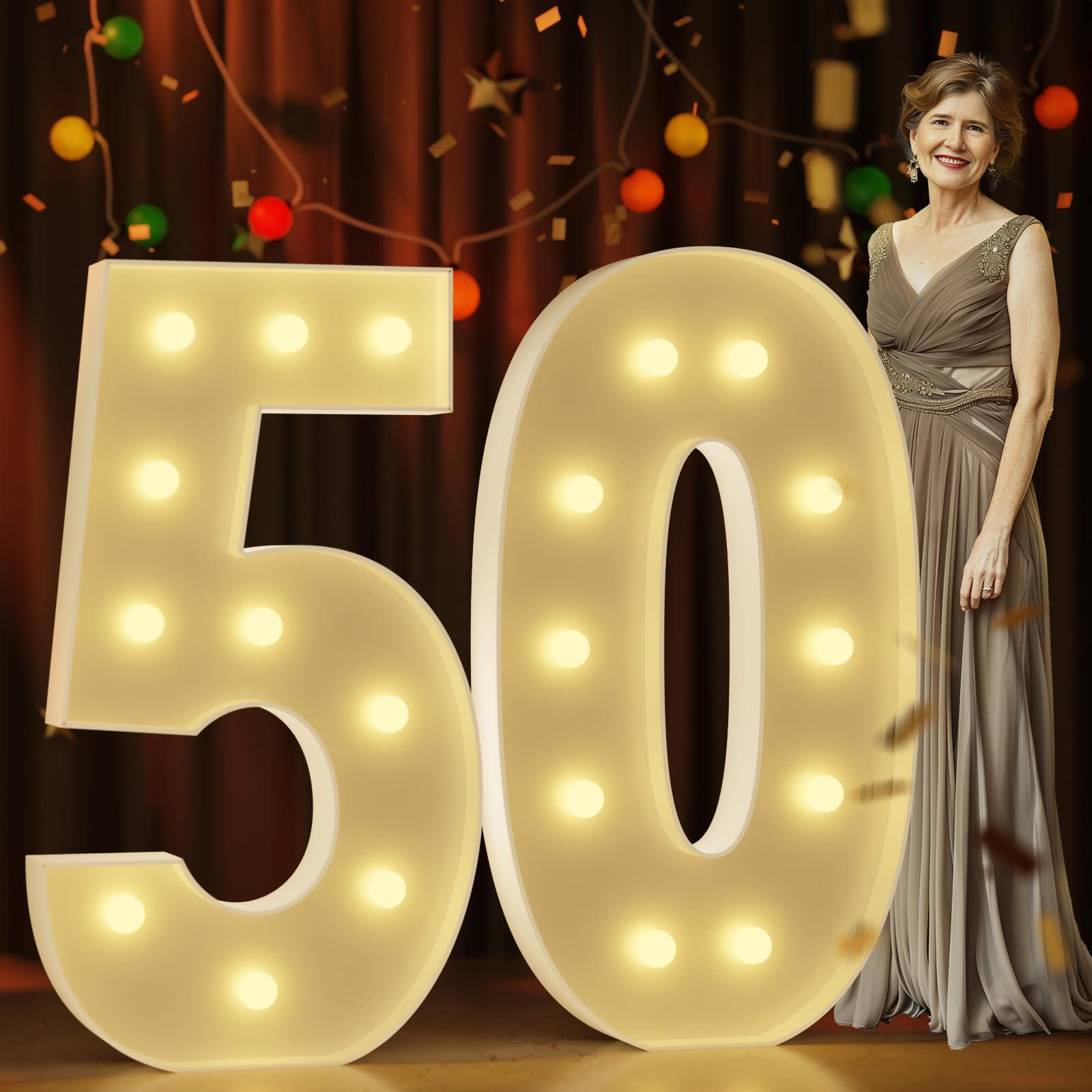 Marquee Numbers 4 Feet Tall Large Light Up Numbers 50Th Birthday Decorations Women Men Big Yellow Light Outdoor Anniversary Decorations Balloon Arch Kit Party Backdrop 50