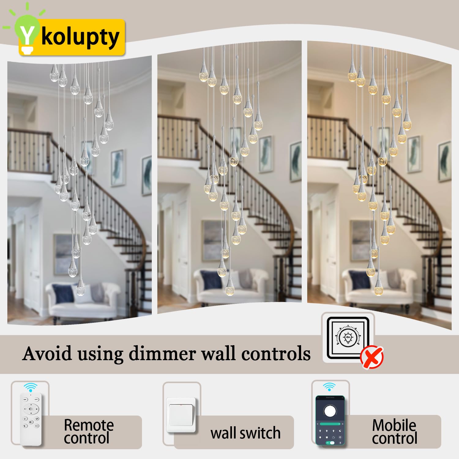 ykolupty Raindrop Crystal Chandelier, 138'' High Ceiling Pendant Light, 20-Lights, LED 2700-6000K, Silver Finish