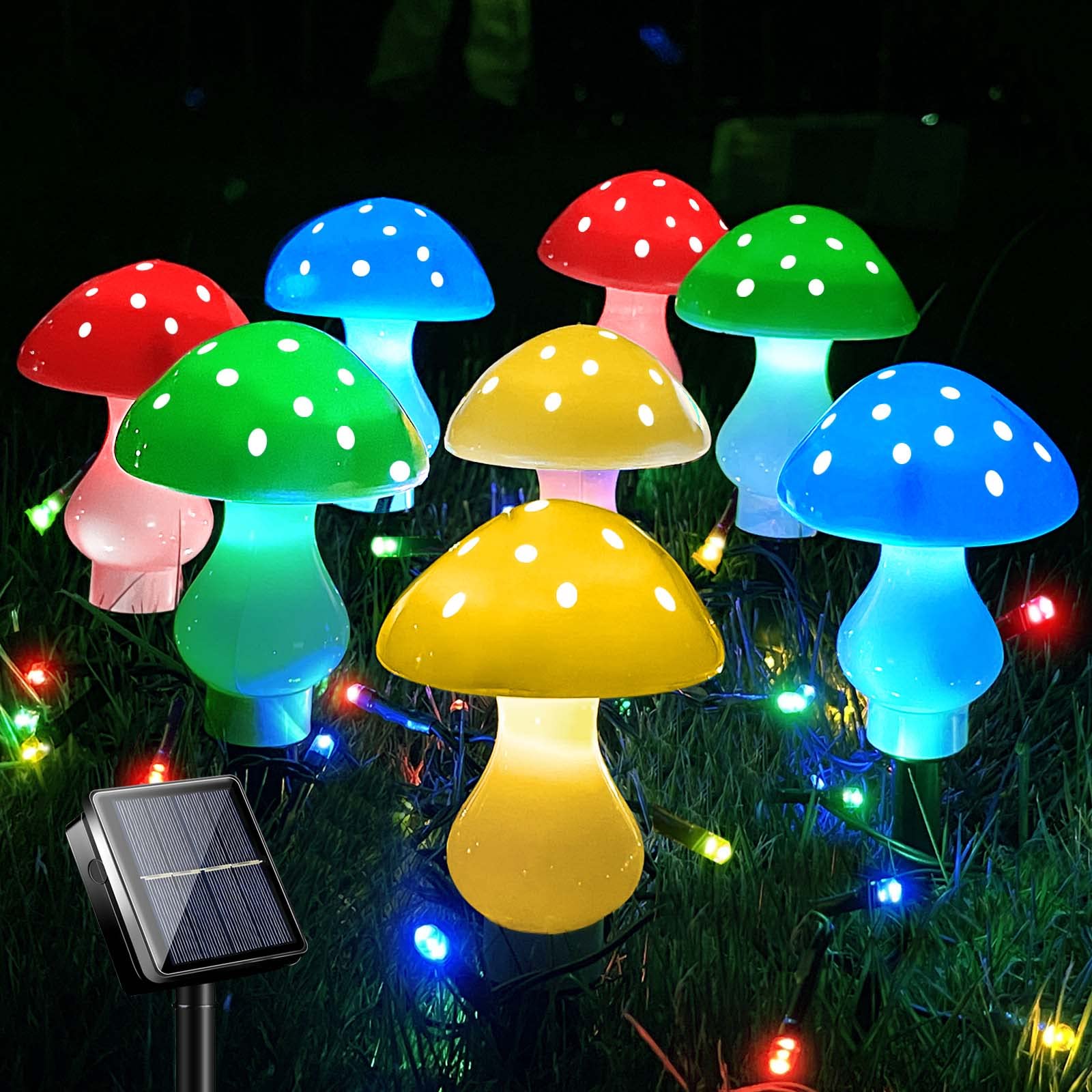 LiyuanQ Solar Garden Lights 8 Pack, 50 LED Multicolor Mushroom String Lights, 23ft Waterproof for Outdoor Decor