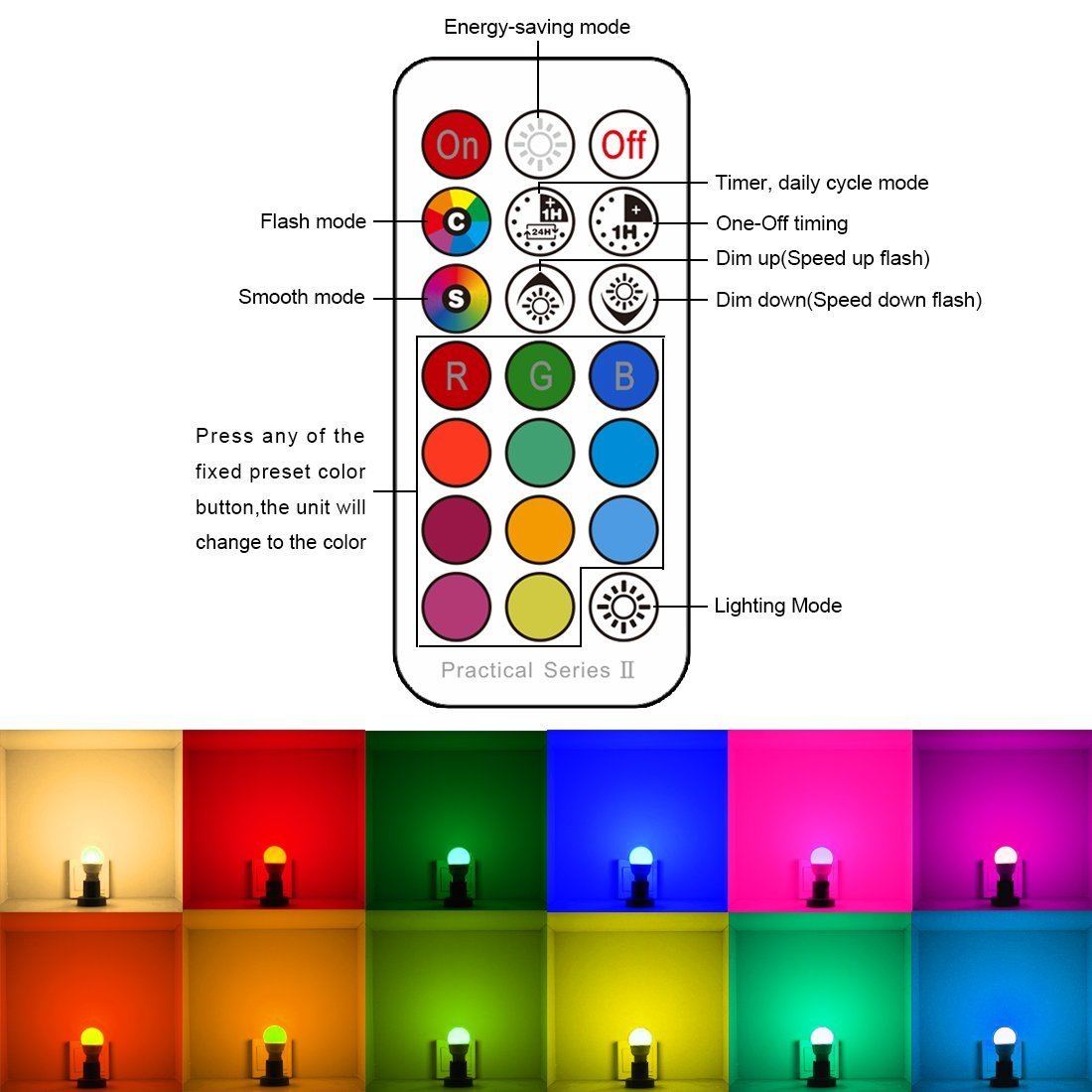 iLC RGB LED Light Bulb, 40W Equivalent, 450LM, 8 Pack, 12 Color Choices, Infrared Remote Control, Model VC-a4-33899
