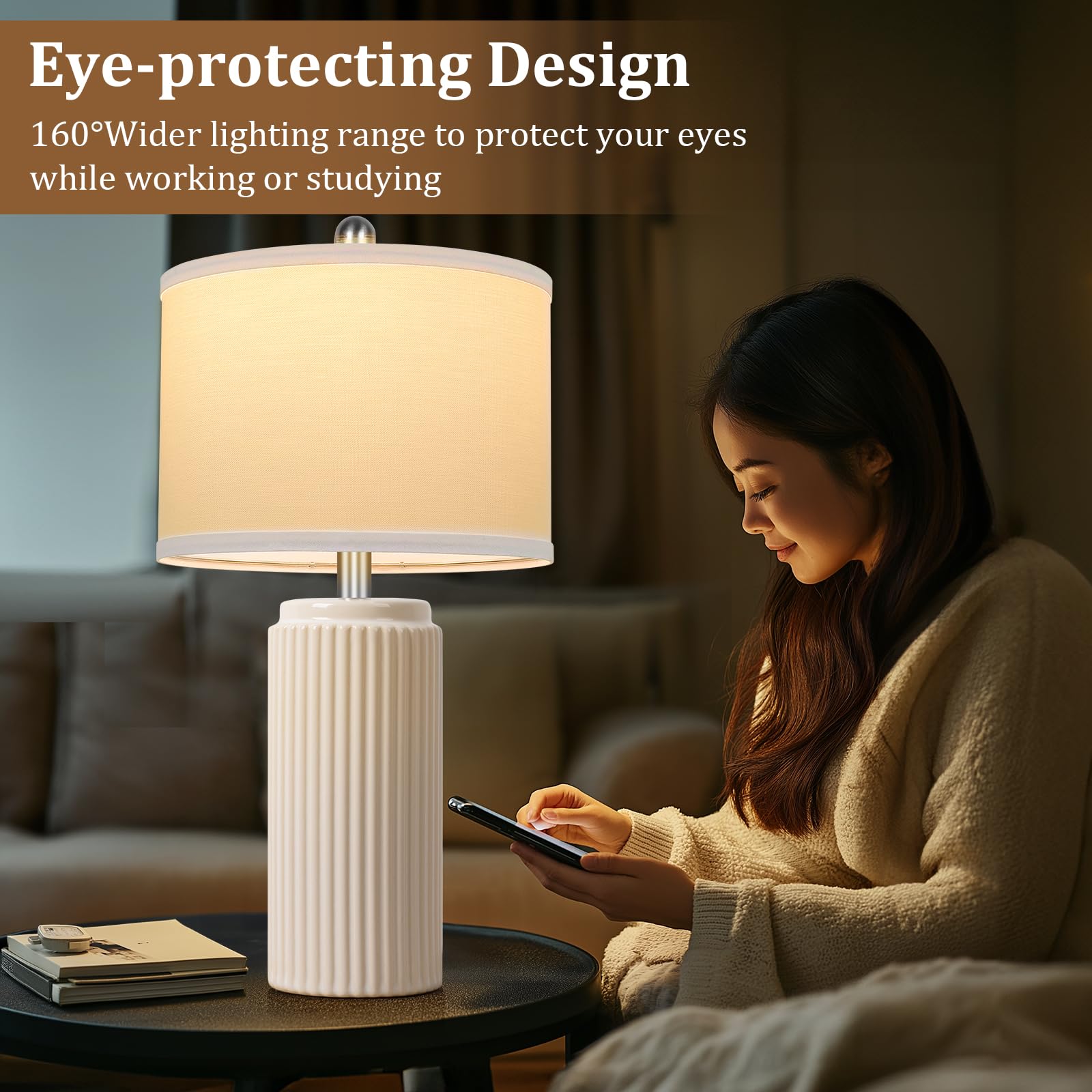TOBUSA Modern Ceramic Table Lamps Set of 2, Cream, 23.5’’ for Living Room, Vintage Bedside Lighting, Model TB0309