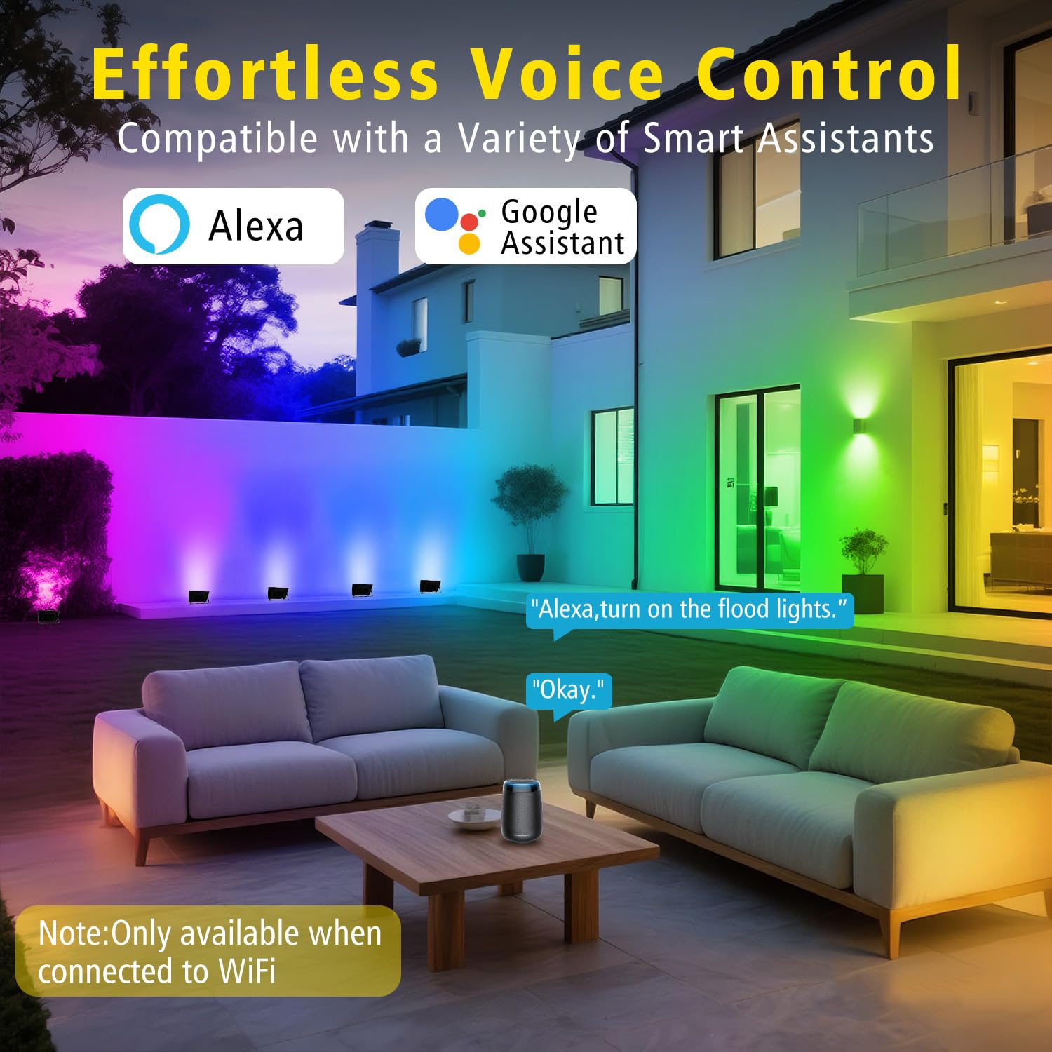 T-SUN RGB Flood Lights, 100W 2-Pack, Color Changing LED with APP & Remote, Waterproof, 16 Million Colors, Model TS-F42100-RGBCW-US-2