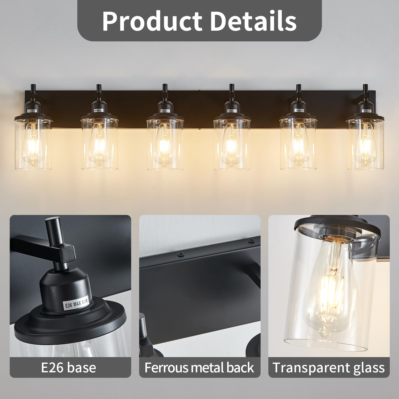 Lanhall 6-Light Black Bathroom Light Fixture Over Mirror Modern Farmhouse Bathroom Vanity Light Vintage Wall Lighting With Clear