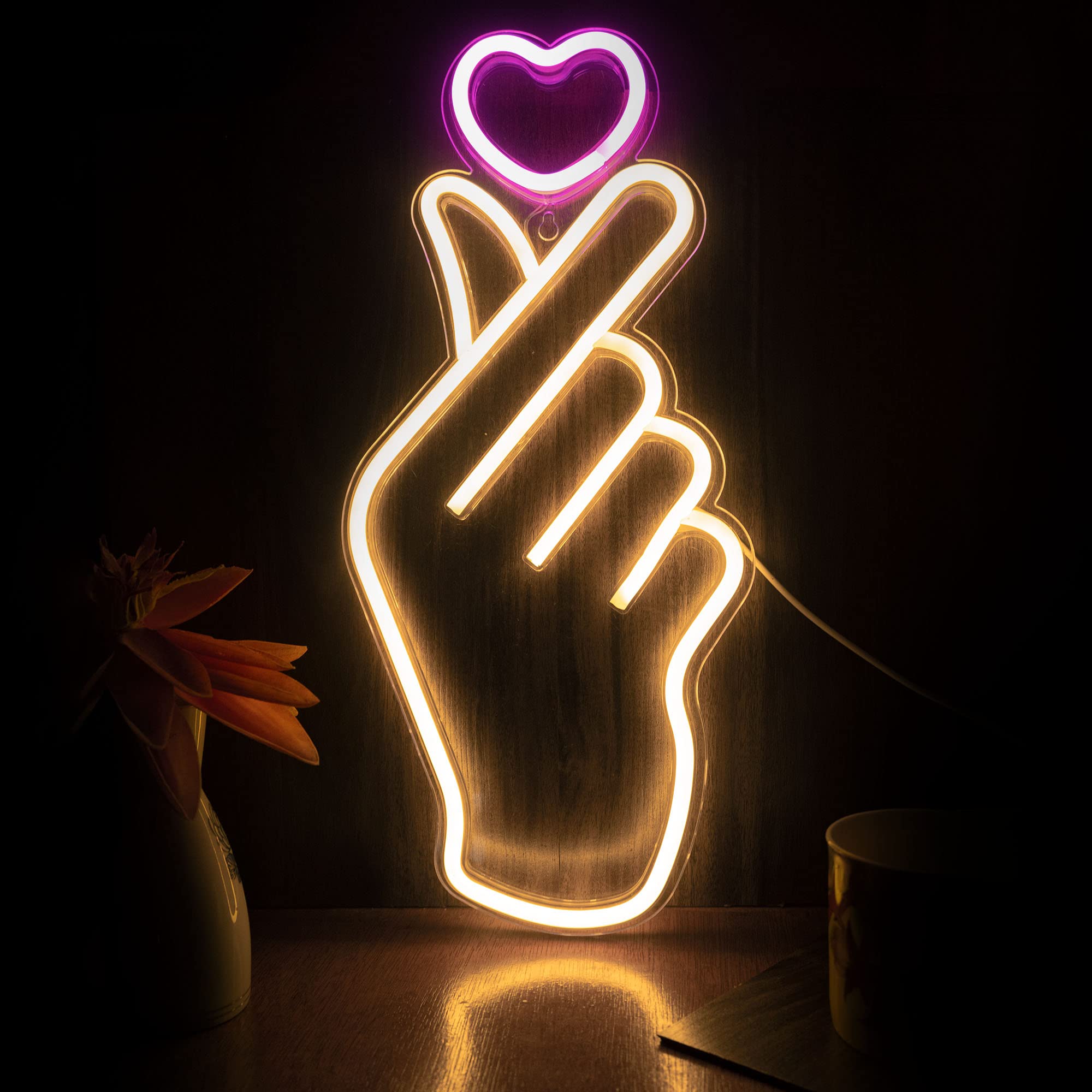 LEBURRY Finger Heart Neon Sign - LED Light for K-pop Fans, 16.3x7.5 inches, South Korean Novelty Decor