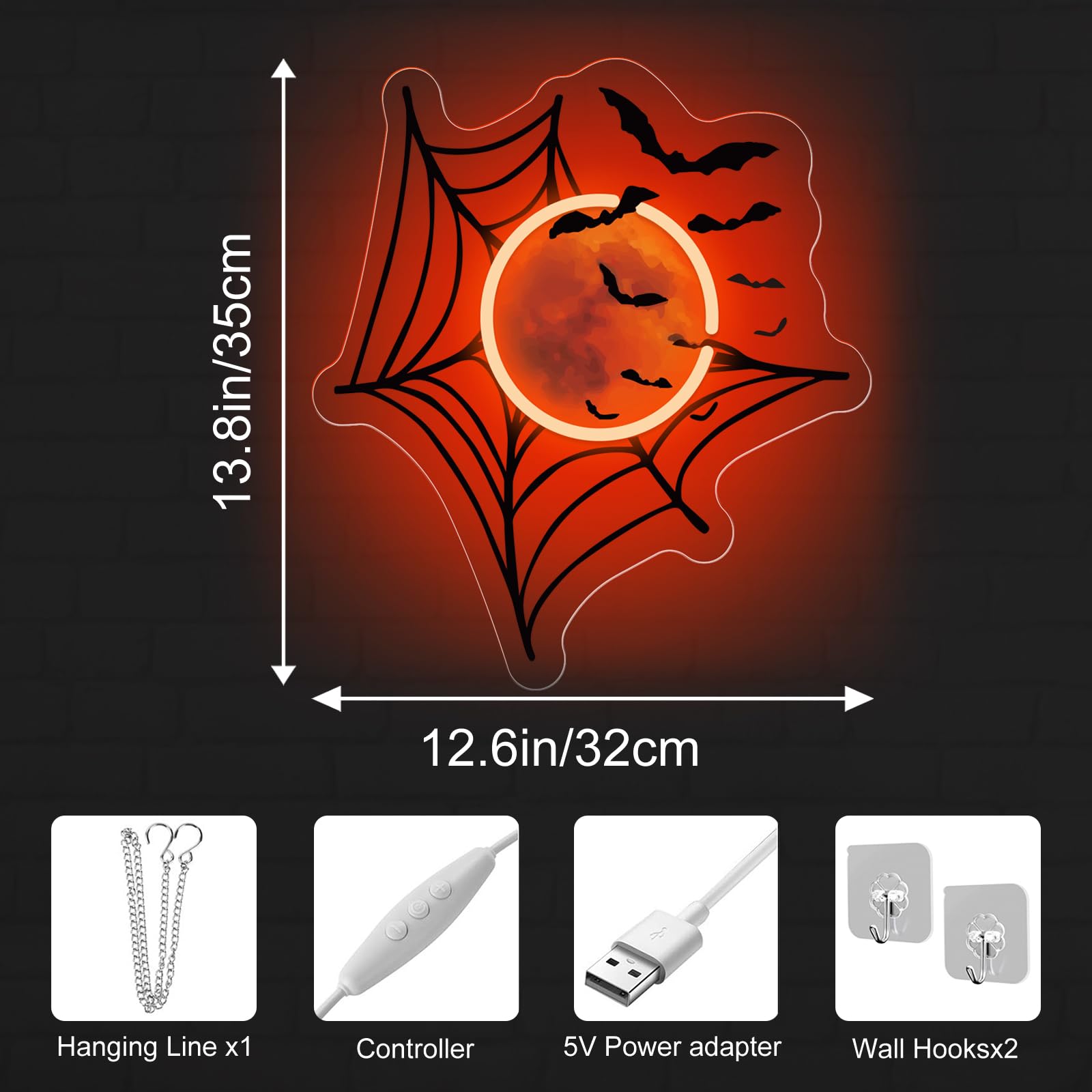 Spider Web Moon And Bats Corner Decor  Halloween Neon Sign  Fireplace Decor  Gift For Family  Spooky Wall Decoration  13.8X12.6