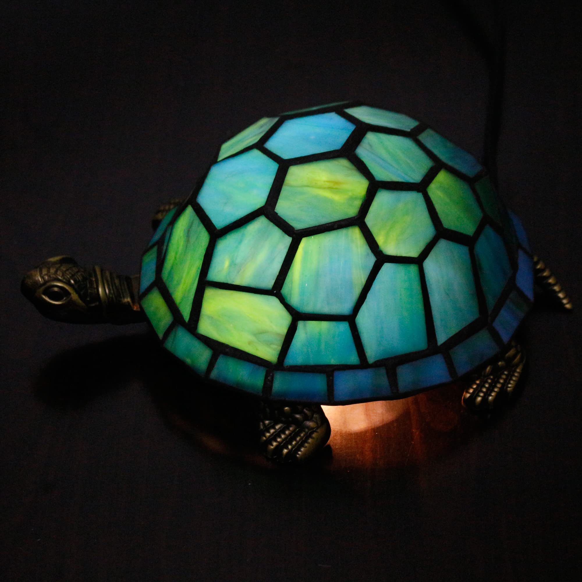 ZJART Tiffany Tortoise Lamp - Small Stained Glass Turtle Desk Light, 8x5x4 Inch, Sea Blue, Antique Accent Decor