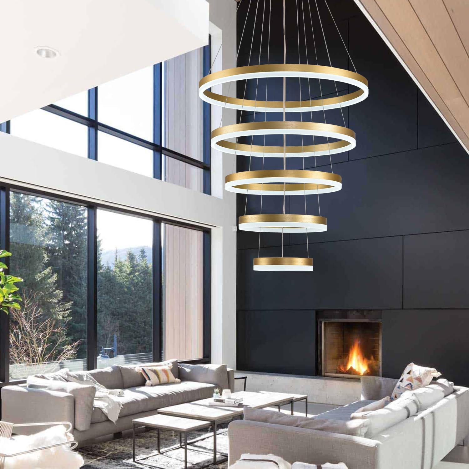 Modern Gold Chandelier,Gold Modern Led Pendant Light 5 Ring Dimmable Led Chandelier For Dining Room Light Fixture For Kitchen Island Lighting Over Table, Height Adjustable Dining Room Chandelier