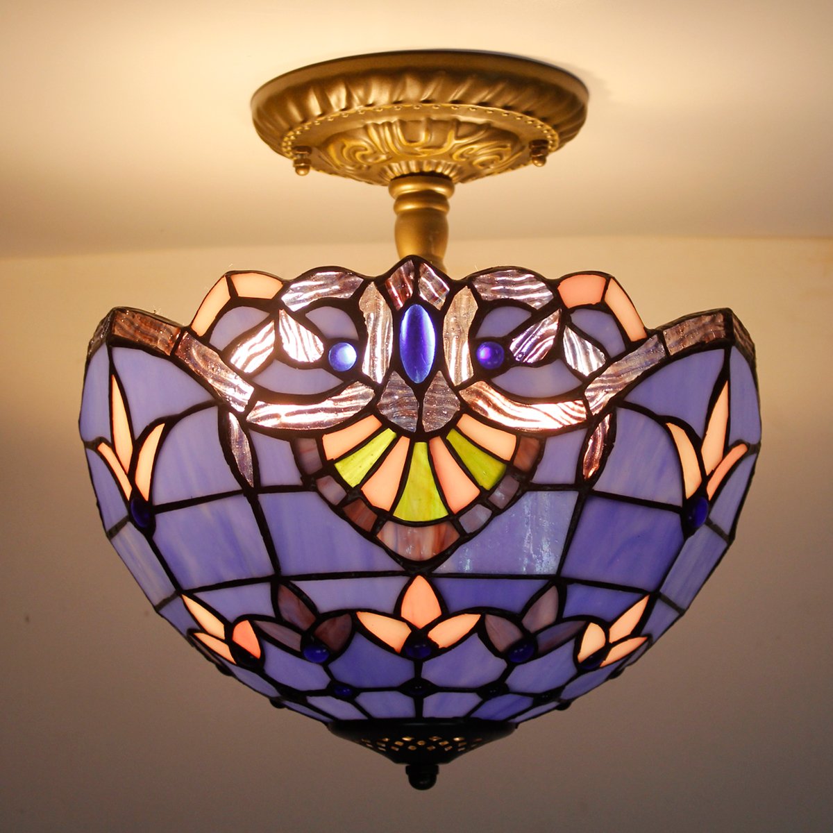WERFACTORY Tiffany Ceiling Light Fixture, Blue Purple Baroque, Glass, 12x11 Inch, Semi Flush Mount, Model S003C Series