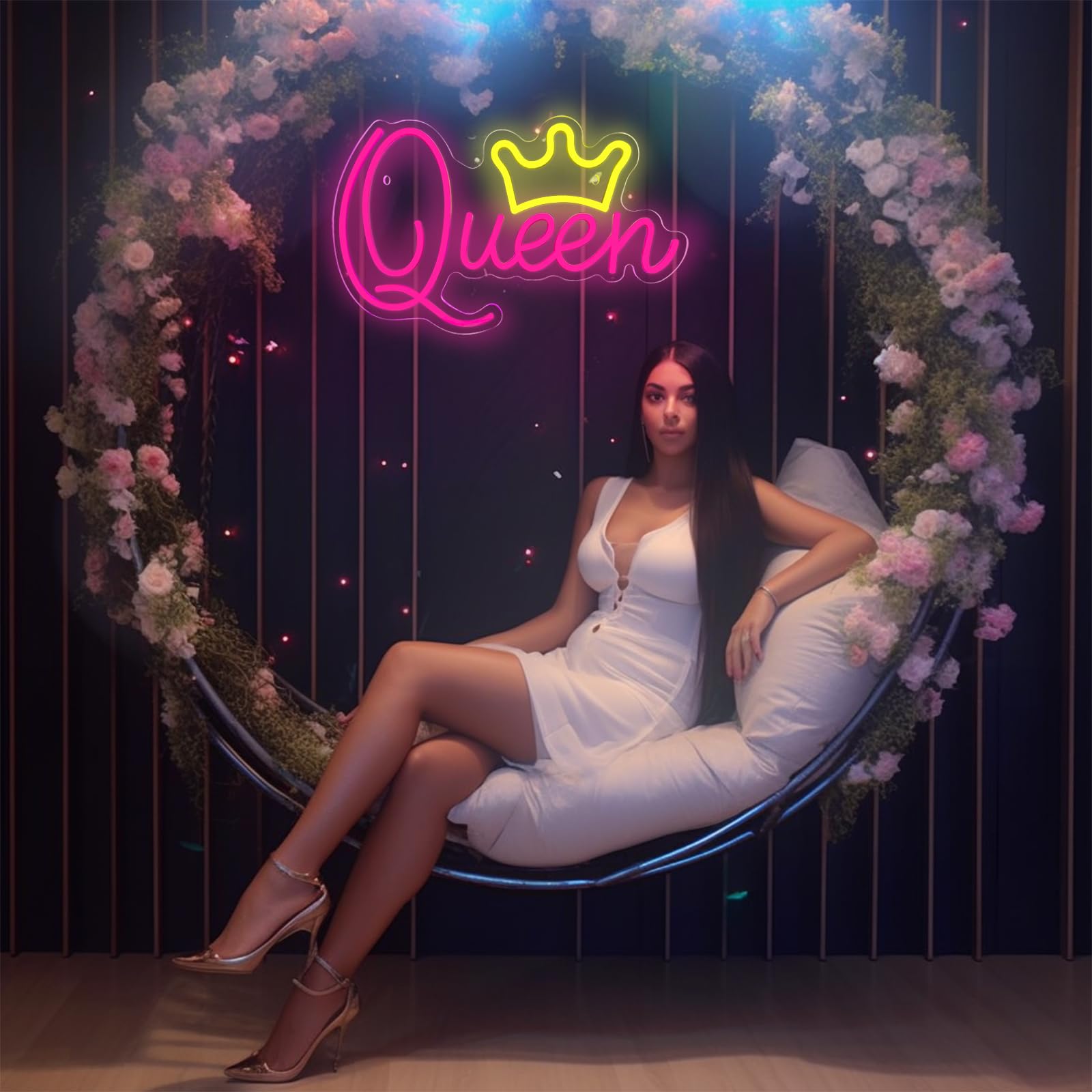 Queen Neon Signs Beautiful Pink Led Neon Lights Dimmable Led Light Sign For Girls Room Birthday Party Bedroom Lady Gifts Wali Decoration  Pink + Yellow