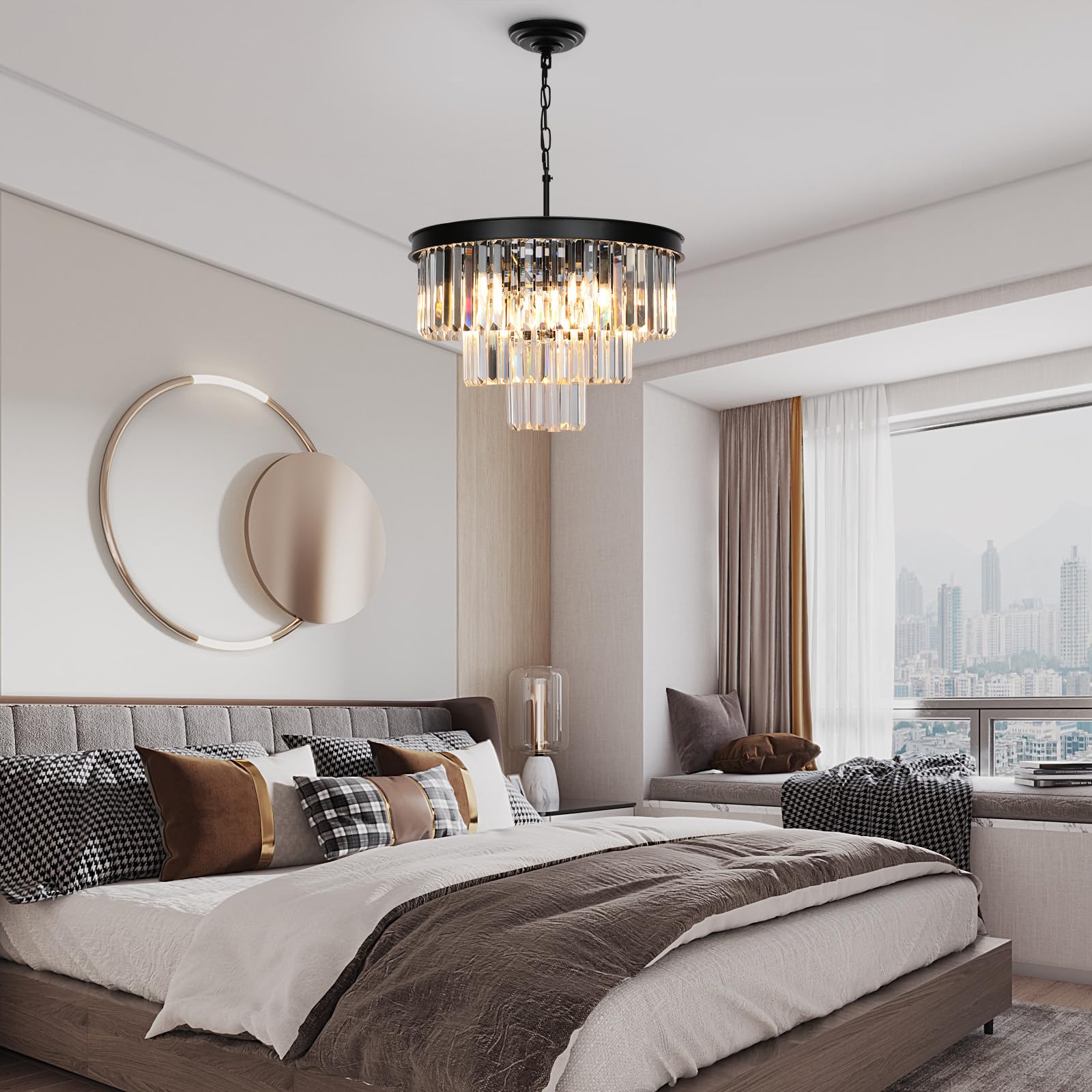 Weesalife 9-Light Black Crystal Chandelier, 3-Tier Round Lighting Fixture For Dining Room, D20&quot;