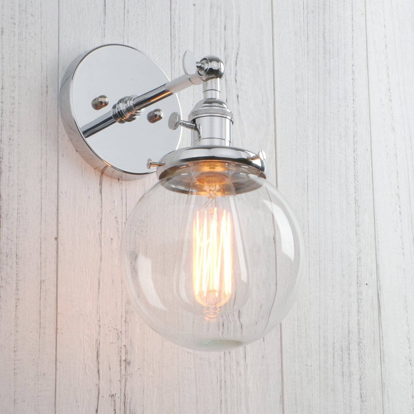 Permo Vintage Industrial Wall Sconce Lighting Fixture With Mini 5.9 Round Clear Glass Globe Hand Blown Shade (Chrome)