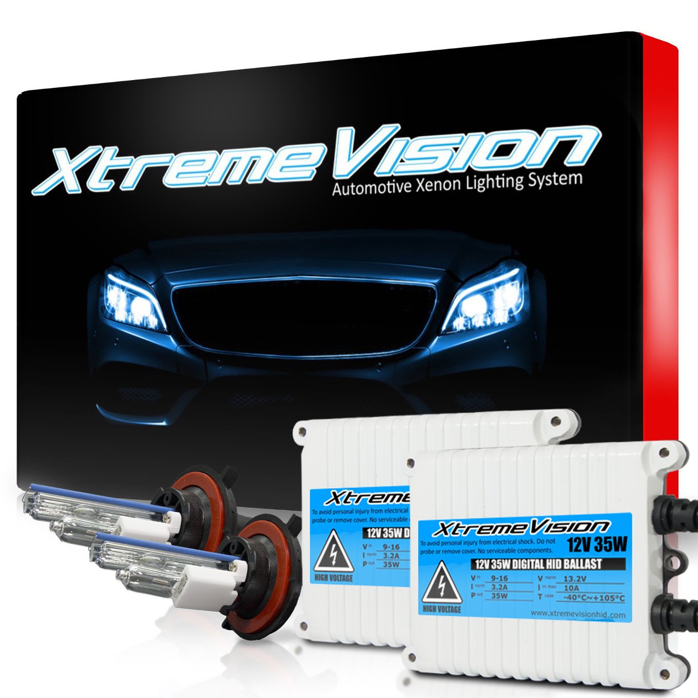 Xtremevision H13 6K 35W Ac Xenon Bulb Bundle - Slim Ac Ballast - 9008, 6000K Light Blue - 1 Pair