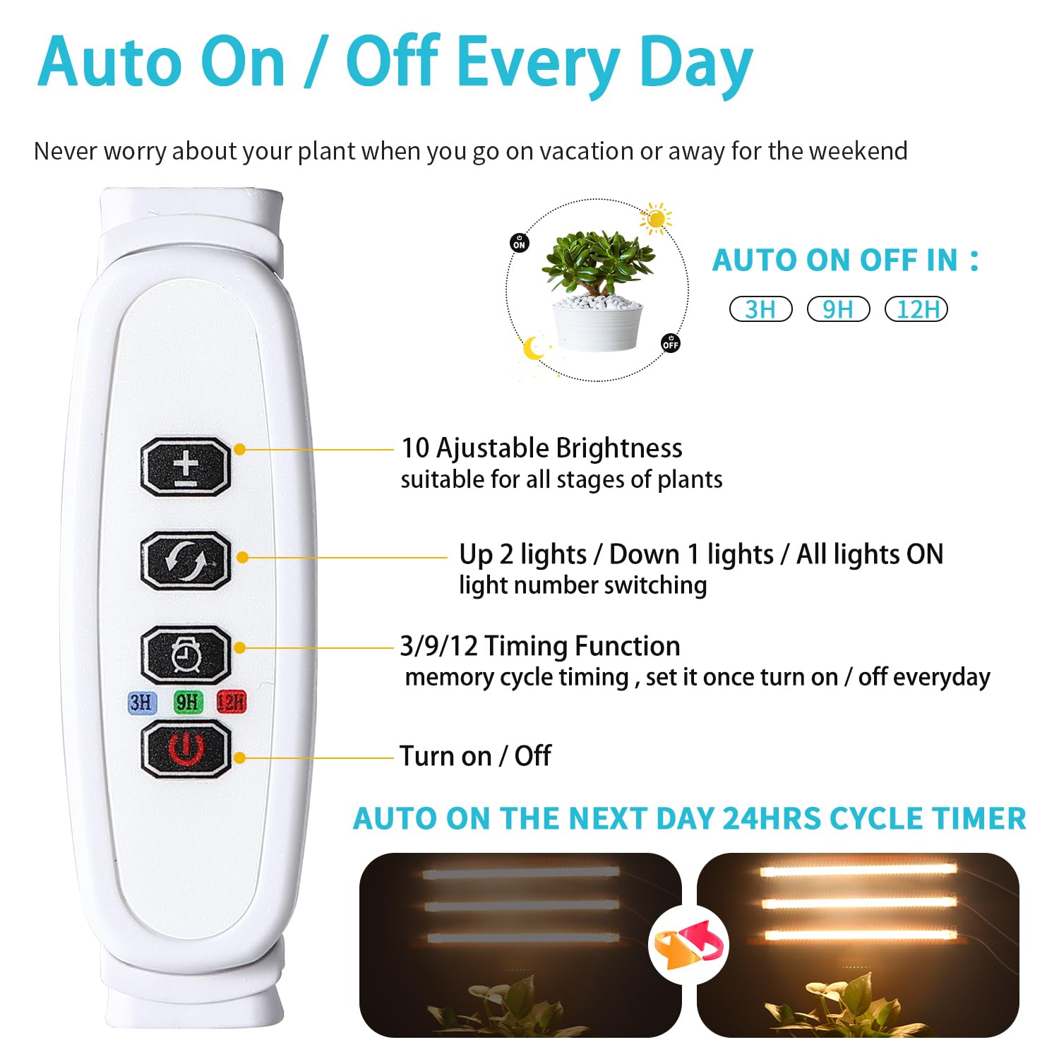 Hywyimlait Led Grow Light Strips For Indoor Plants Full Spectrum 3500K, 144 Leds Plant Light Bar With 3/9/12H Timer, 10 Dimmable Levels For Seedling Succulent, 13 Inches, 3 Head