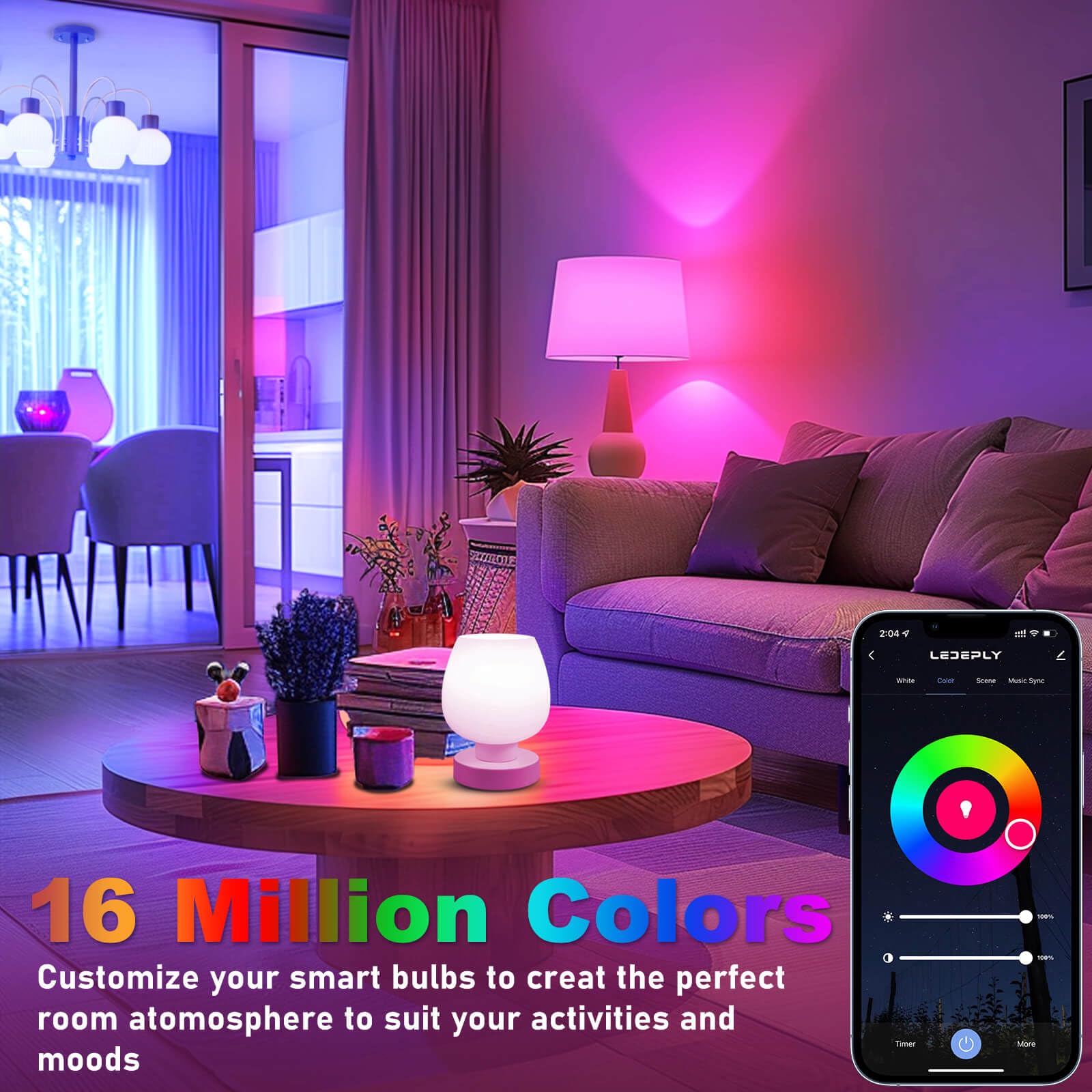 LEDEPLY A15 LED Smart Bulb 5W RGB Color Changing Dimmable Globe Light 4 Pack E12 Base 2700K-6500K Multi-colored