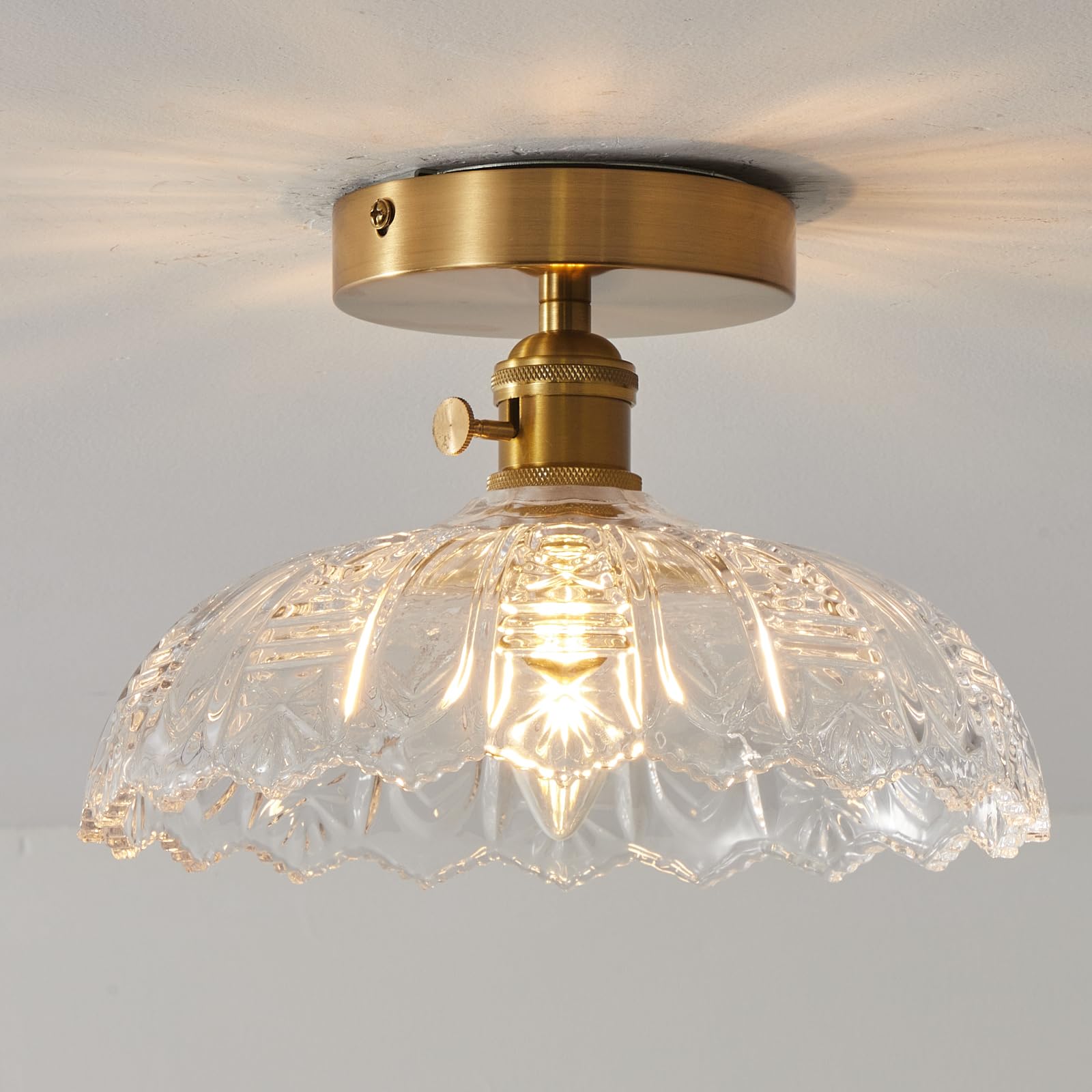 Bcgmyln Semi Flush Mount Ceiling Light, Gold Vintage Hallway Light Fixture With Clear Water Lily Glass Lampshade Brass Modern Ce