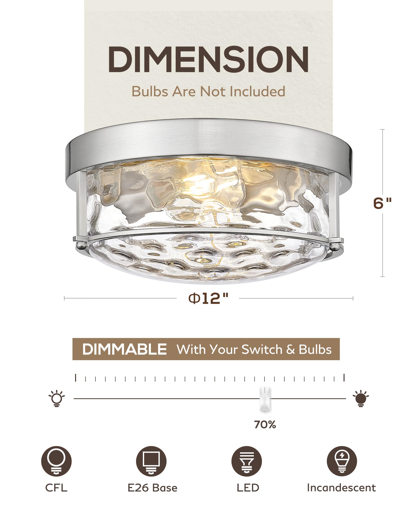 Femila Flush Mount Ceiling Light Fixture, 12'' Brushed Nickel Ceiling Light, Water Ripple Glass, For Hallway, Living Room, Kitch