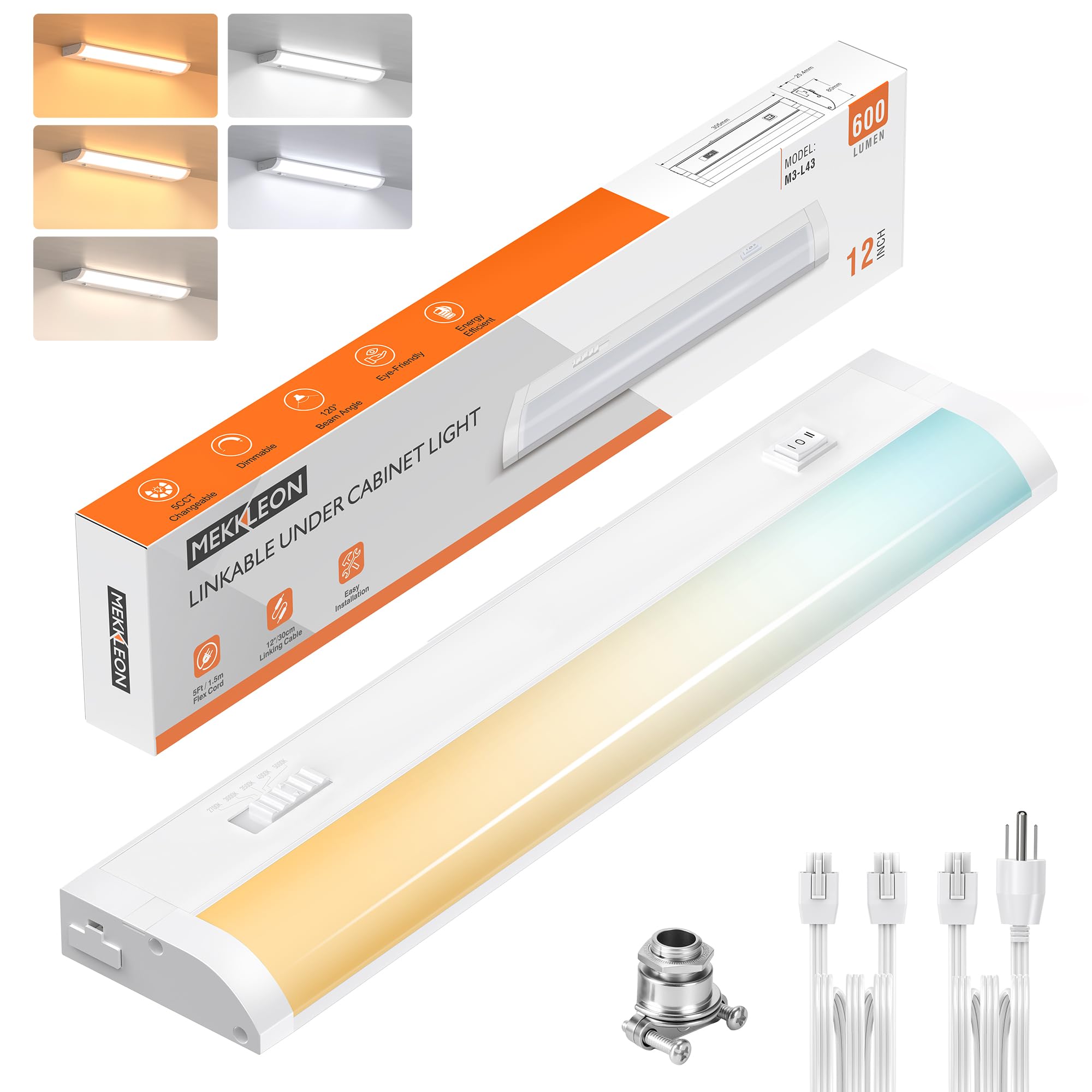 12inch Linkable Under Cabinet Lighting Hardwired Plug-in  Wired led Under Cabinet Lights with 5 CCT (2700/3000/3500/4000/5000) & Dimmable  Under Counter Lights for Kitchen  6W  600LM  1 Pack