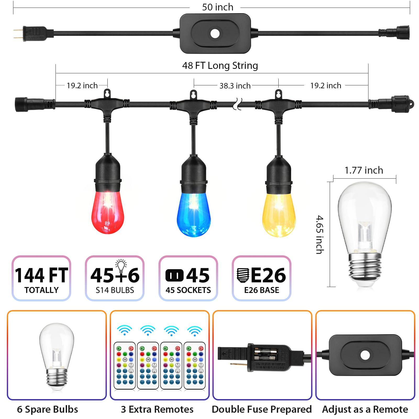 Mlambert 144Ft(3X48Ft) Multicolor Outdoor Patio Lights, Dimmable Rgb Cafe String Lights With 45+6 Waterproof Led Bulbs For Garde