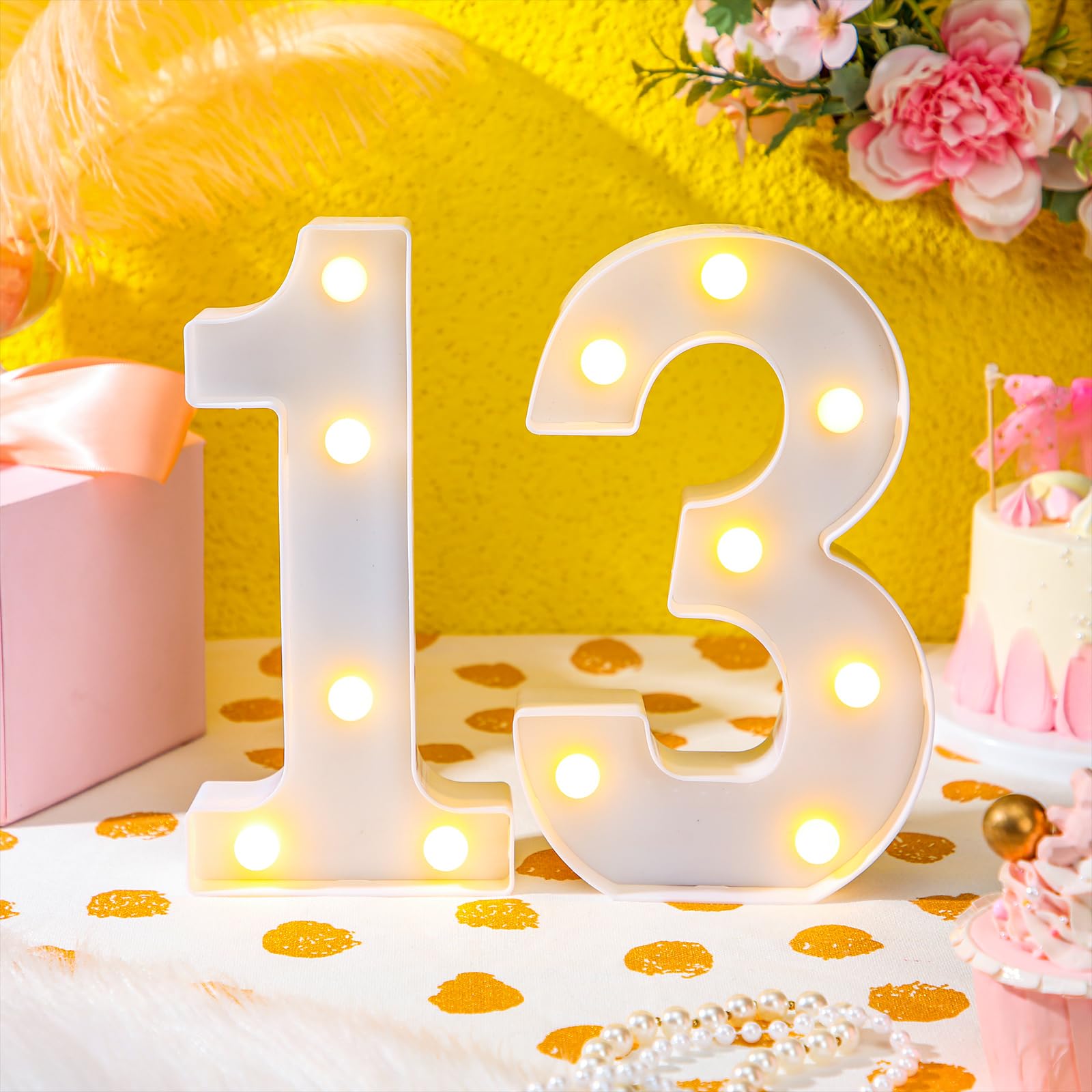 Treela LED Number Sign, 8.7in  Glitter Marquee for Birthday Party, 13th Size, White, Model JR-Treela-4356