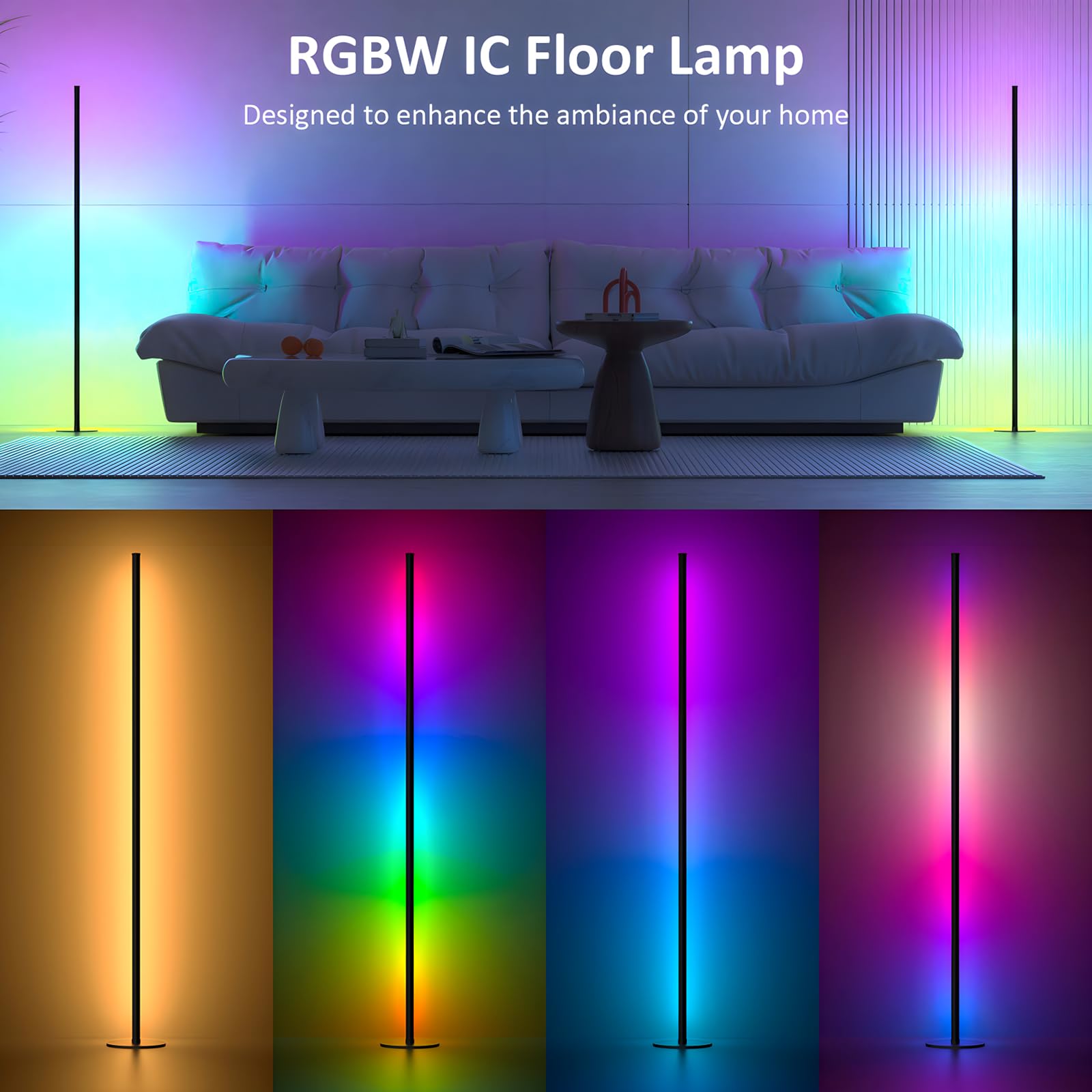 Corner Floor Lamp, Rgb Ic Led Corner Lamp, 16 Million Diy Color & Warm White, Music Sync And Timing Function, Color Changing Amb