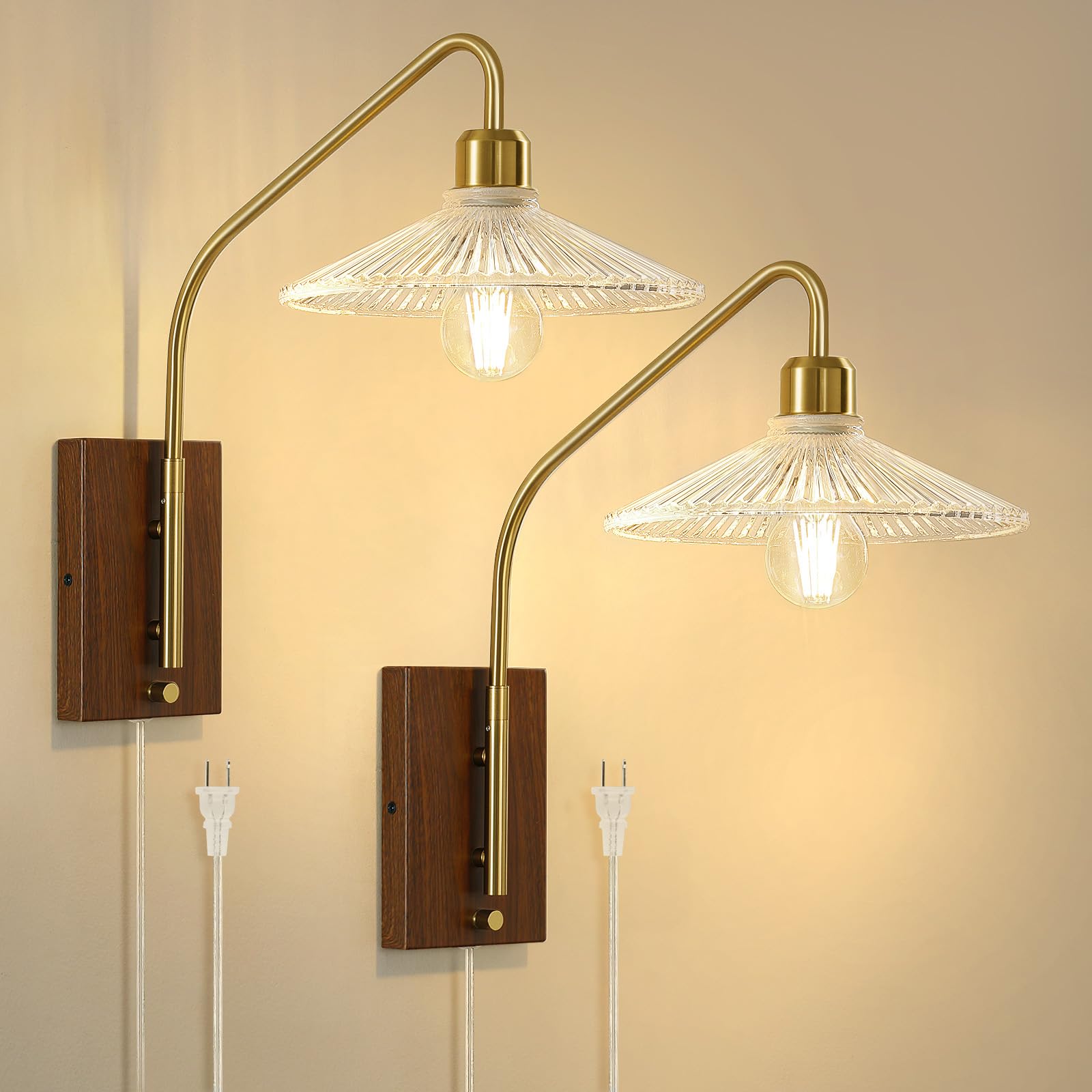 AIJIASI Plug in Wall Sconces Set of Two, Gold Metal with Glass Shade, Swing Arm Design, E26 Base, Indoor Lighting for Bedroom Bathroom Living Room