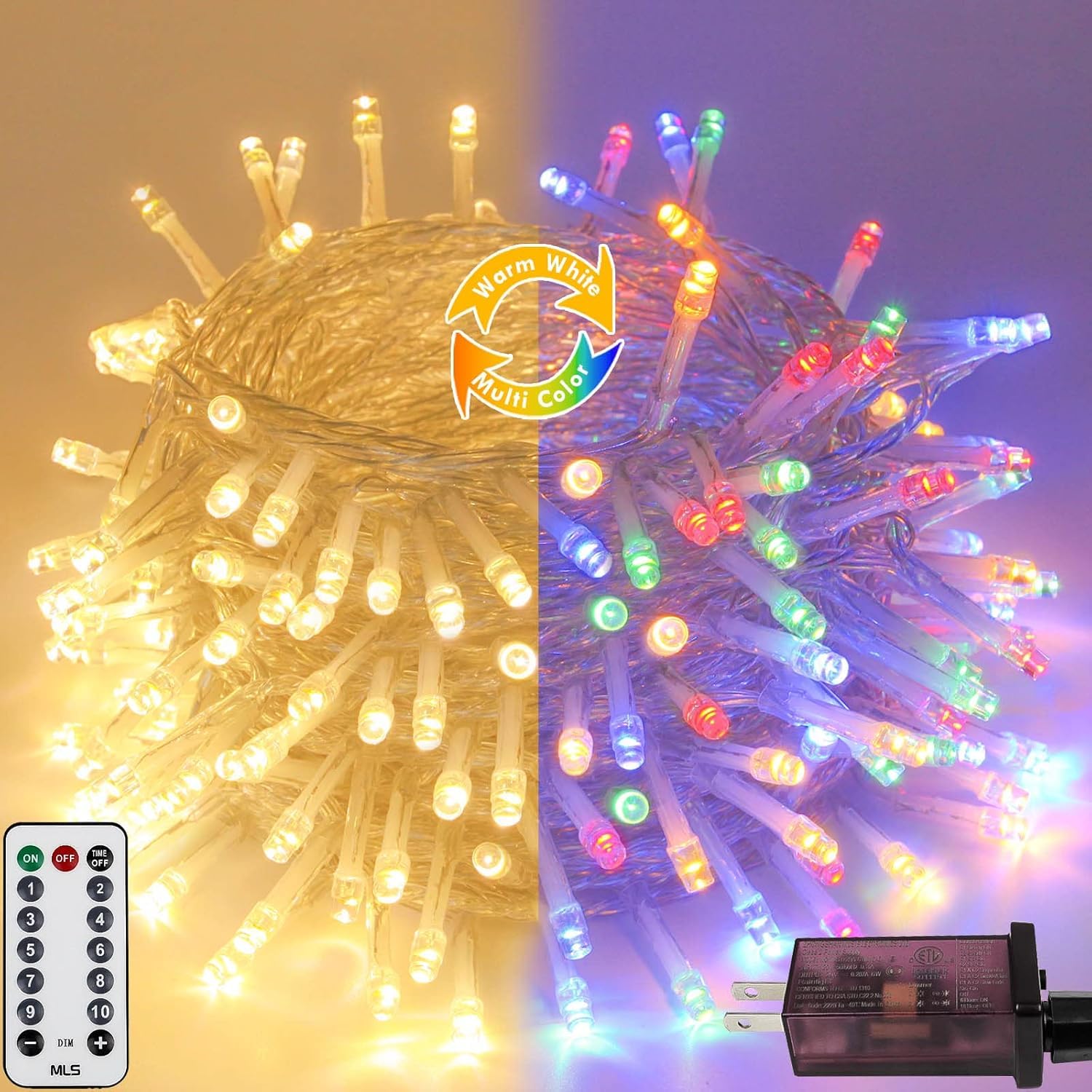 KAQ 88FT Connectable String Lights, 240LED, Warm White & Multicolor, Clear Wire, Model MLS-D29V6WUIC-O, Indoor/Outdoor Decor