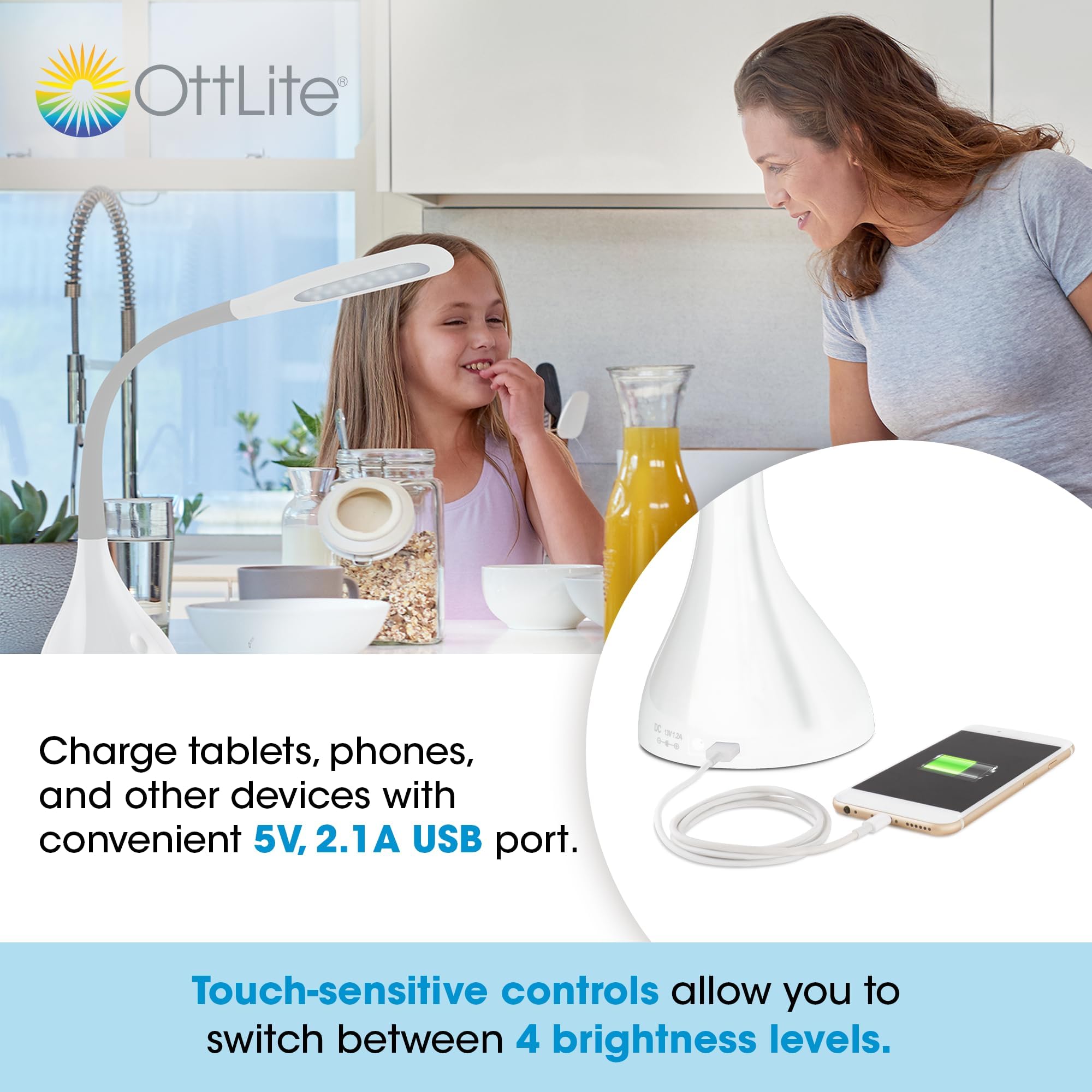 Ottlite Led Desk Lamp With Adjustable Neck, Creative Curves (White/Grey) - 2.1A Usb Charging Port, 4 Dimmable Brightness Setting