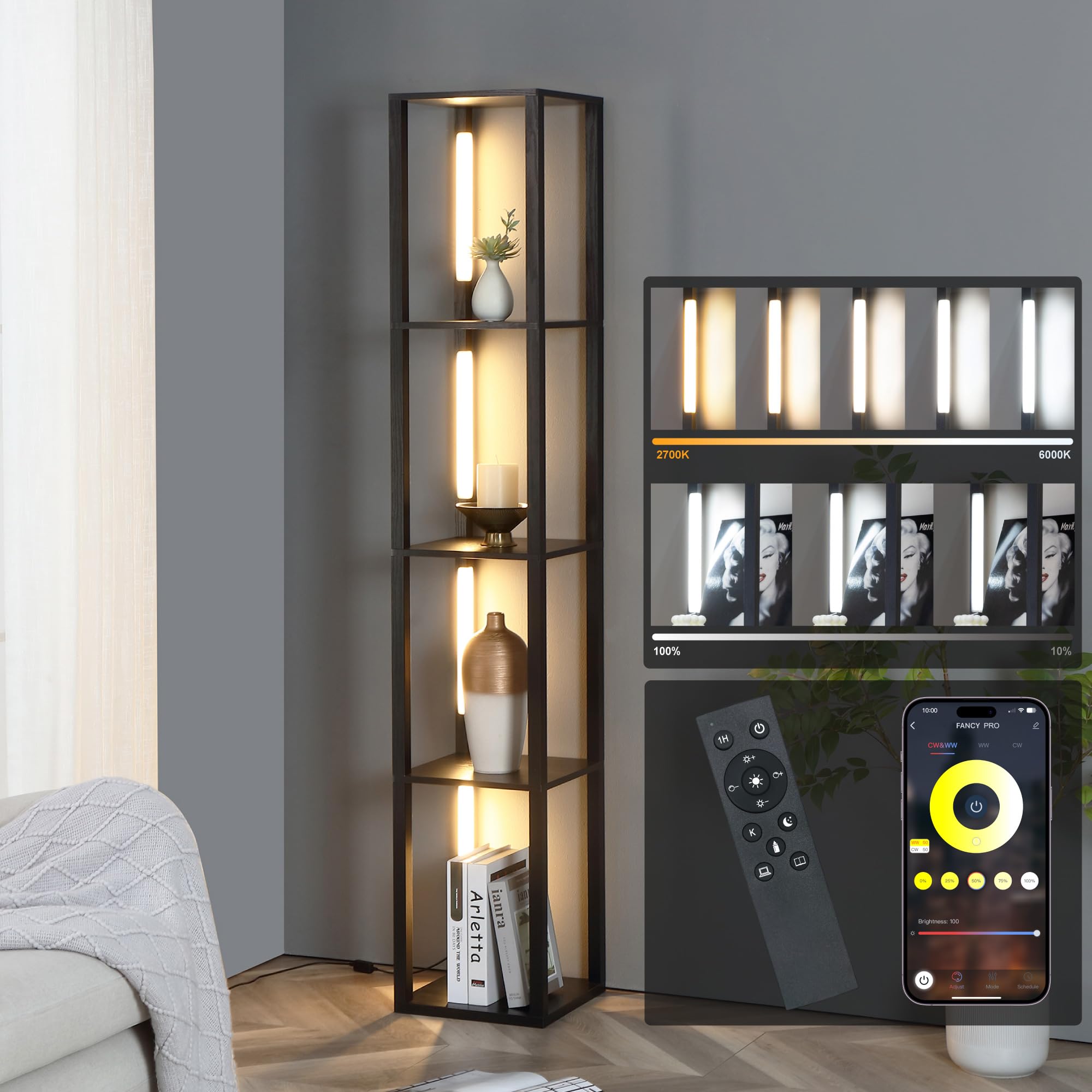 Fenlo Led Floor Lamp With Shelves - Full Color Temperature Control, Adjustable Brightness And Long Lasting Integrated Led