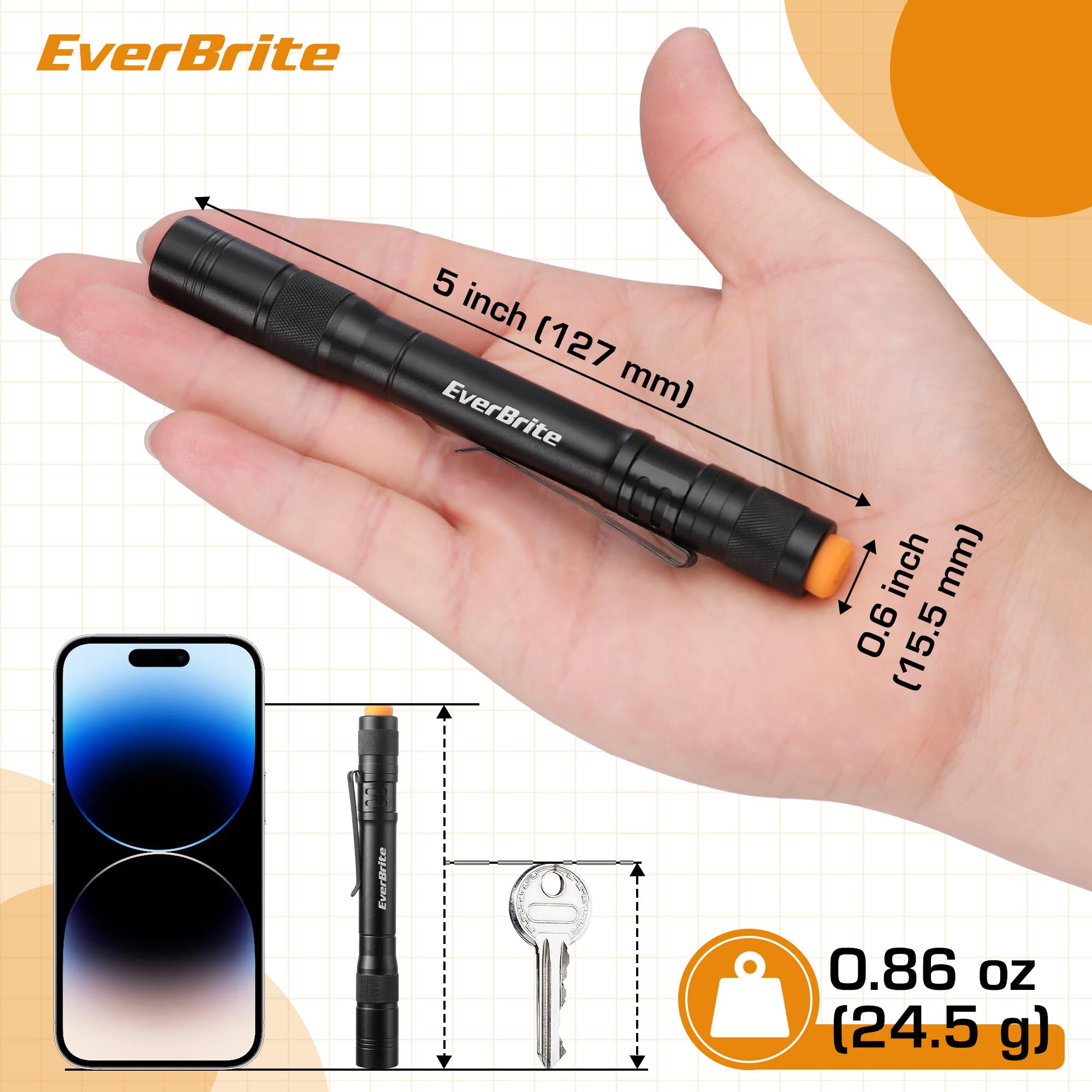 EverBrite 100LM Aluminum LED Pen Flashlights, Black, Pack of 4 with Clip, Includes 8 AAA Batteries, Model E101126AE