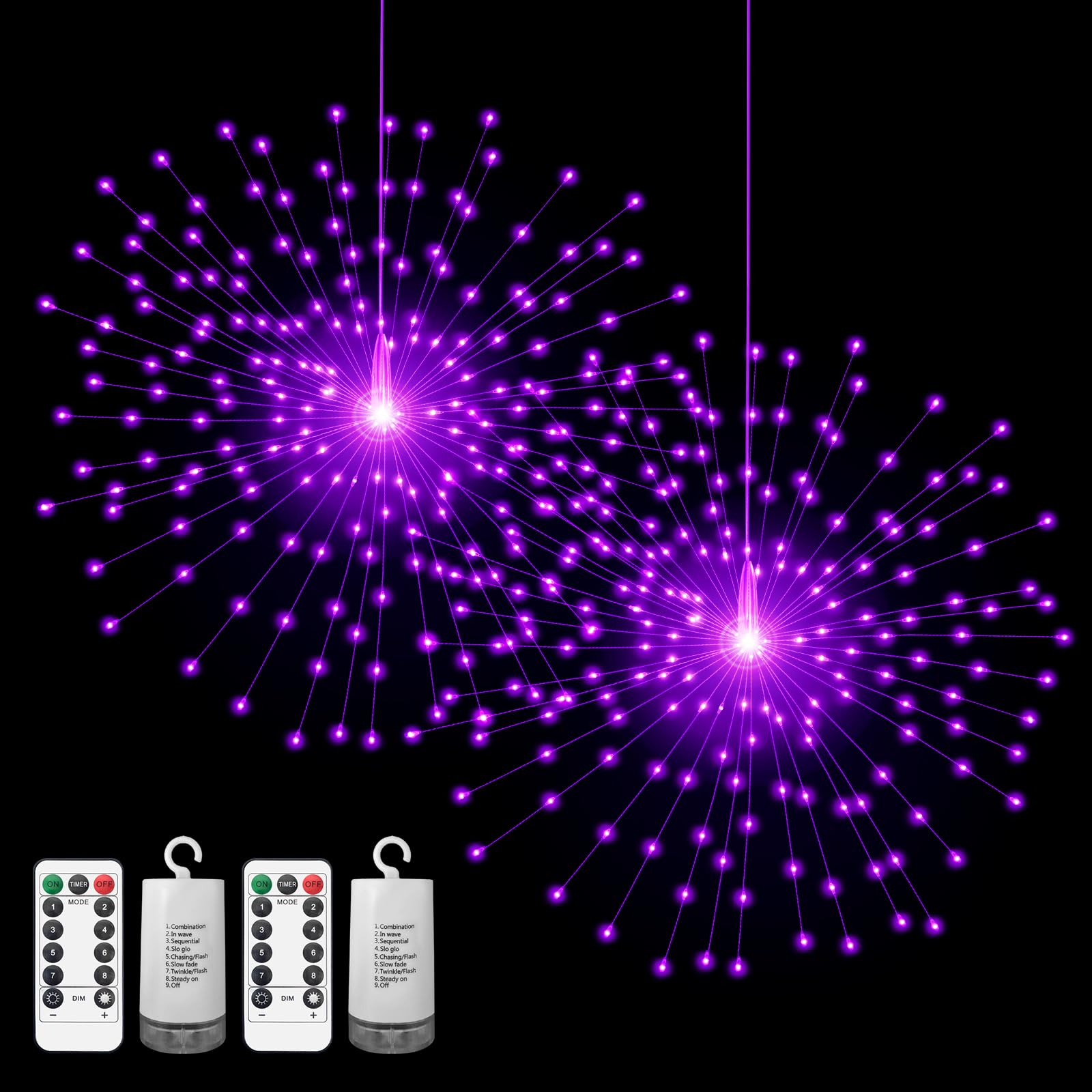 PXBNIUYA 2 Pack Starburst Sphere Lights 200 LLED Firework Lights  8 Modes Dimmable Remote Control Waterproof Hanging Fairy Light  Copper Wire Light for Patio Parties Christmas (Purple)