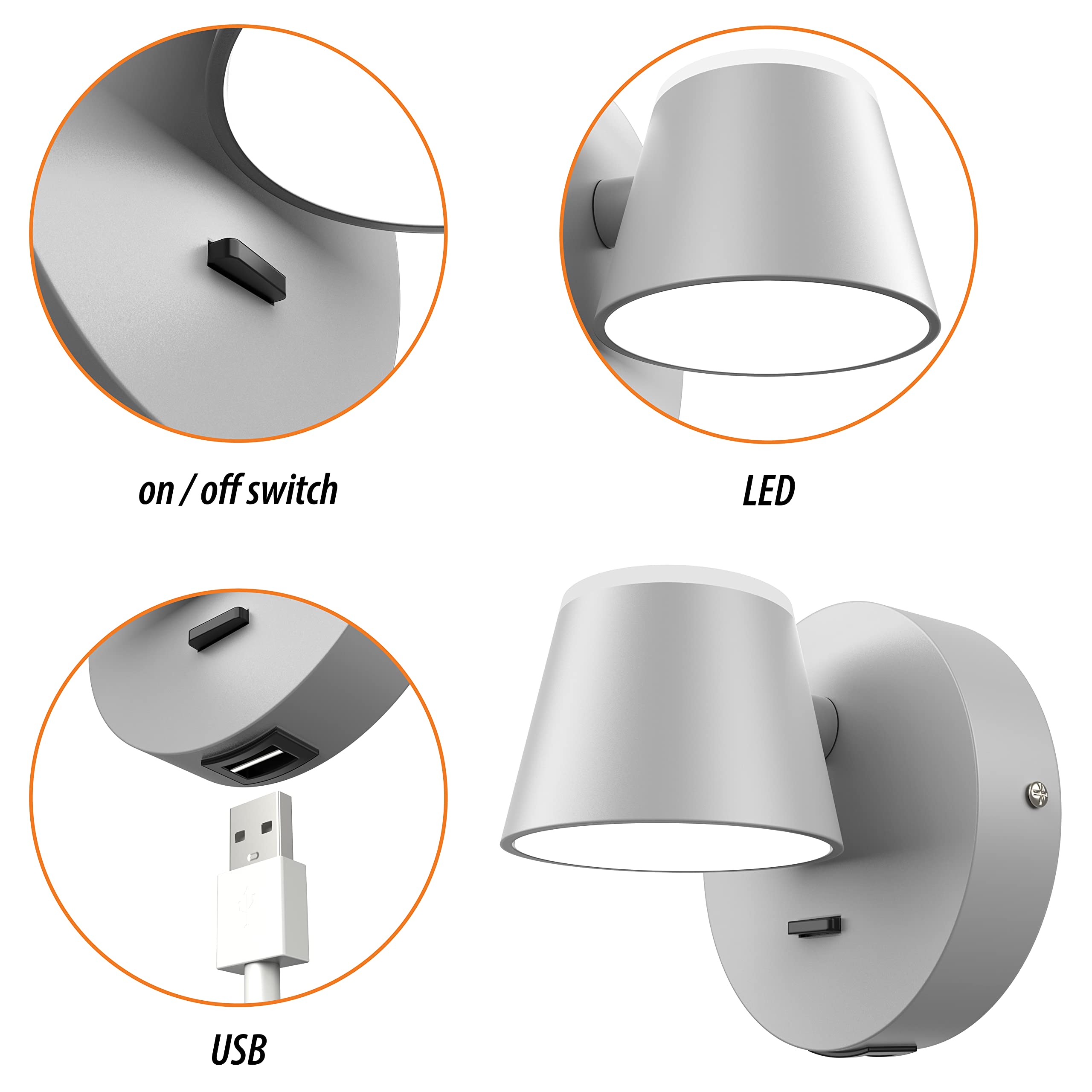 URSOLA LED Wall Sconce with On/Off Switch, USB Charging, Hardwired, Gray, Model 7540-1T-GY, 350° Rotatable Up/Down Lighting