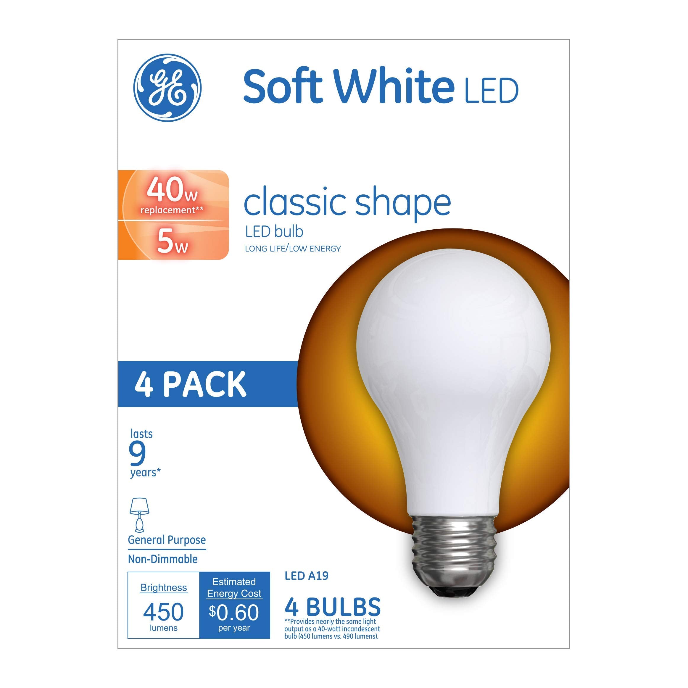 Ge Classic Led Light Bulbs, 40 Watt, Soft White, A19 (4 Pack)