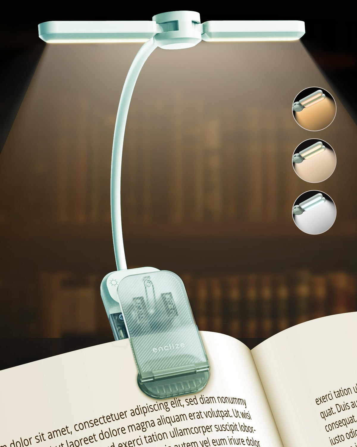 enclize LED Reading Light, Rechargeable Book Lights for Reading at Night in Bed, 180?Adjustable Lighthead - Stepless 3 Color & B