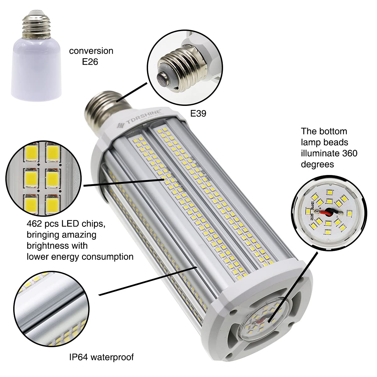 Nc Super Bright 60W Led Corn Light Bulb 450 Watt Equivalent 7500 Lumens E39 Large Mogul Base Large Area 5000K Daylight White Out