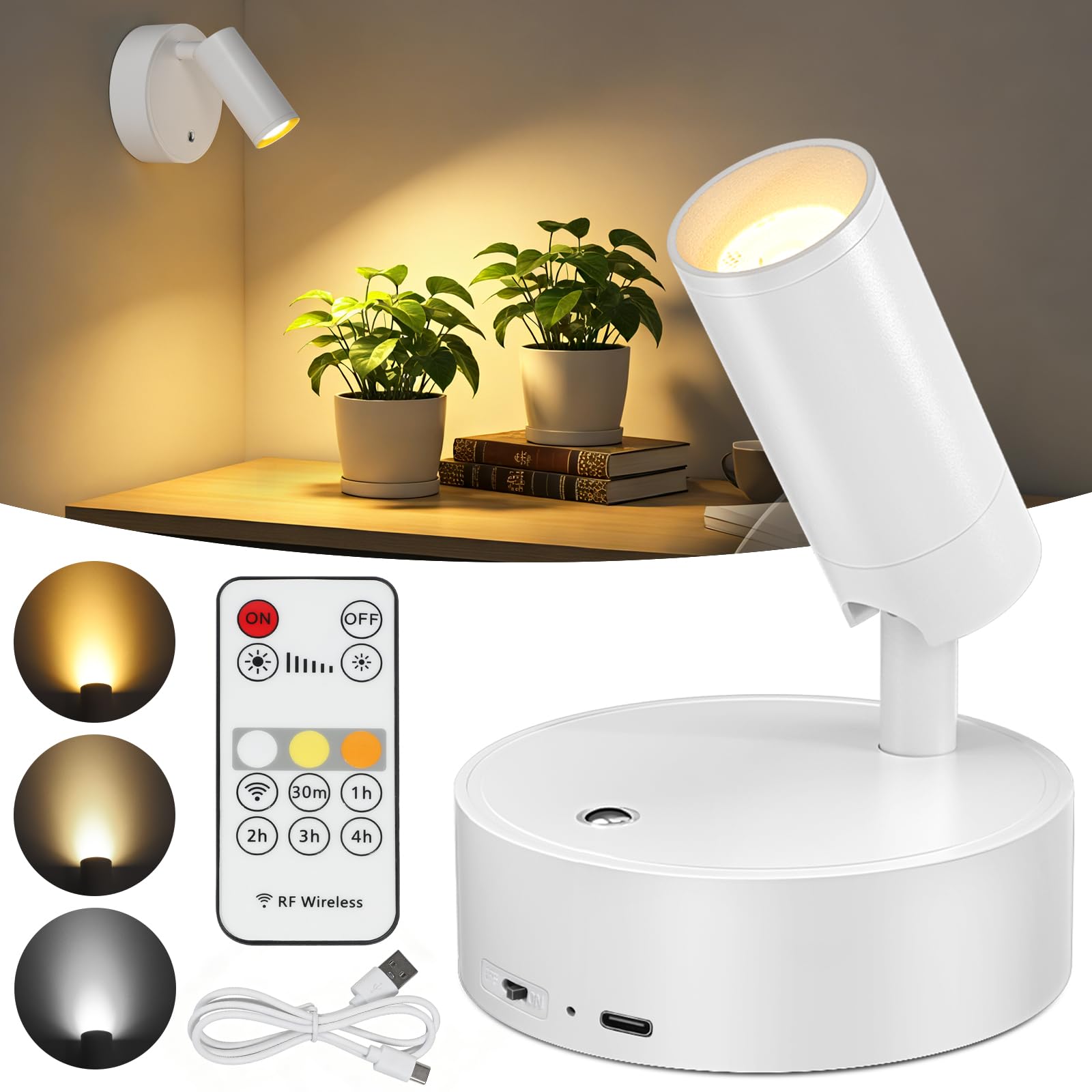 Kimjo Spot Lights Indoor, 4000mAh Rechargeable Plant Spotlight Indoor with Remote, Battery Operated Picture Lights with Timer Di