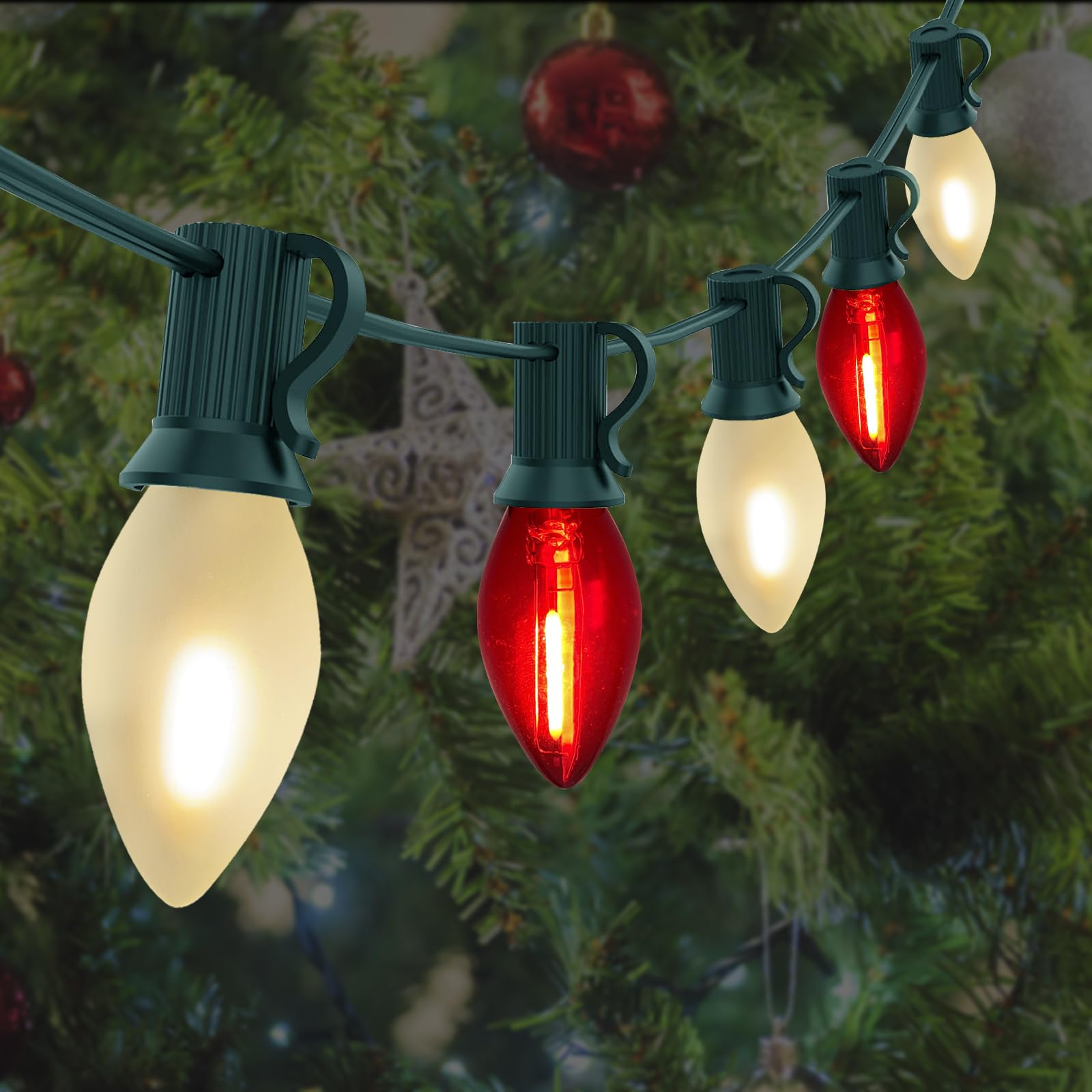 C7 LED Red and Frosted White Christmas Lights 25FT Outdoor Christmas Decorations String Lights with 27 Shatterproof LED Bulbs, H