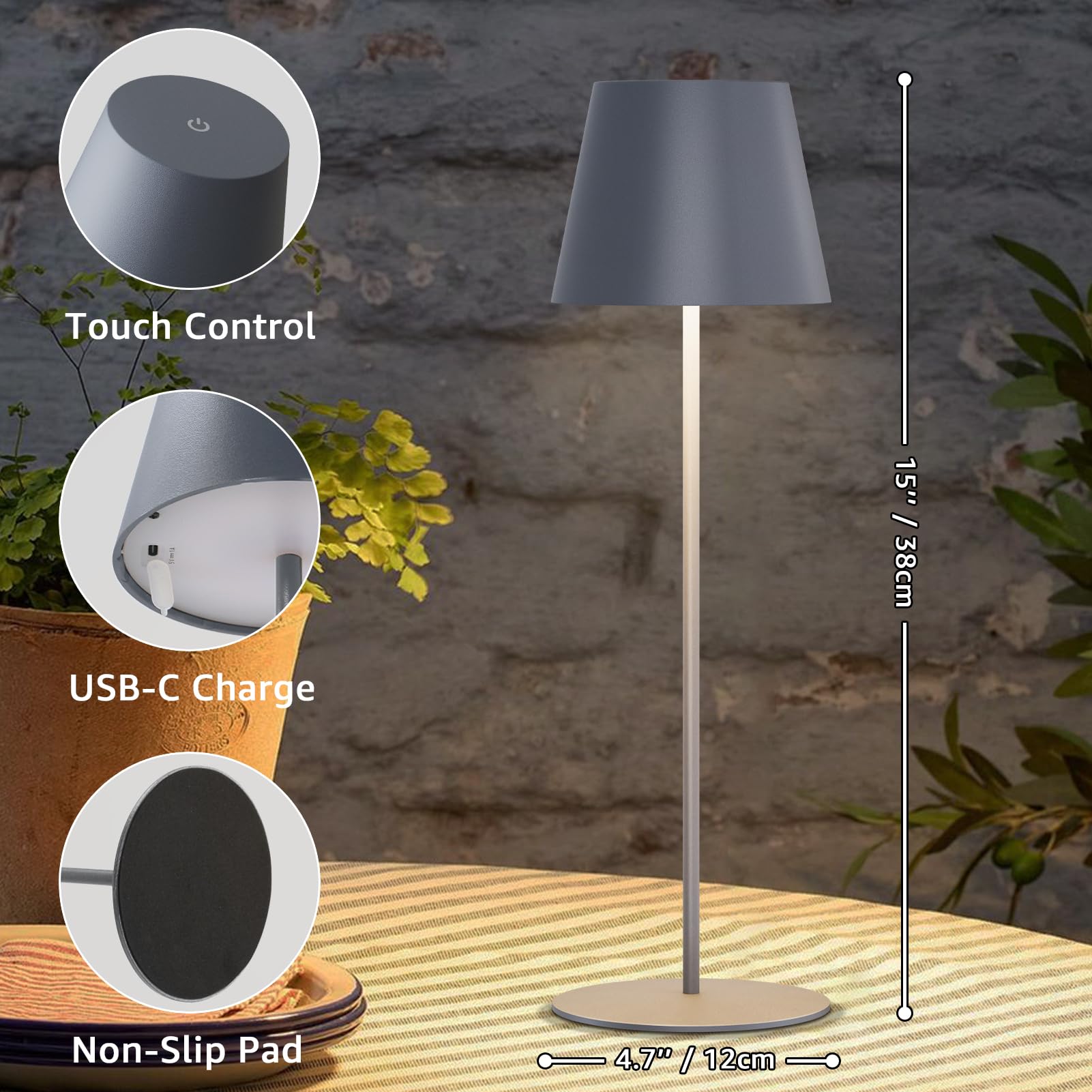 uuffoo Cordless Rechargeable Table Lamps - 2 Pack, Stepless Dimming, Small, Metal, Gray, Model PBG-1238